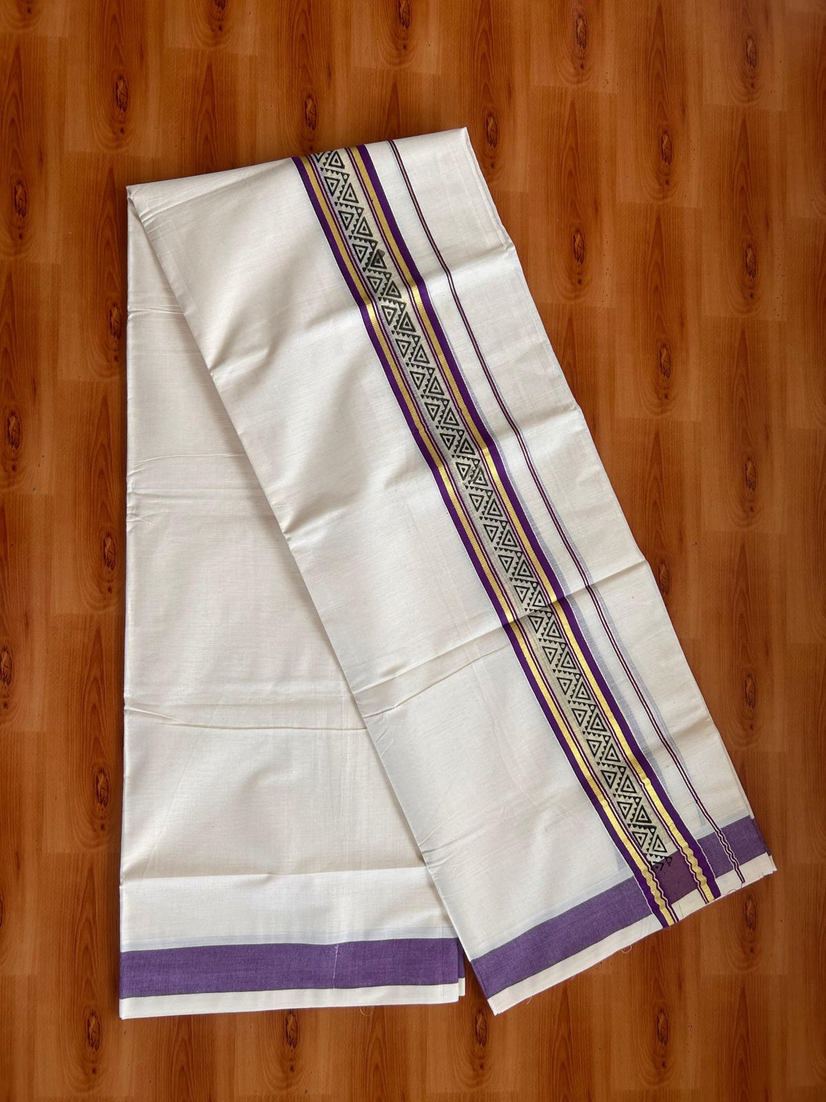 Off White (Unbleached) Double Mund/Dhoti - 20% Discount ! KaithariKada Mixed Cotton - 80x72 - 2.25 inch Purple & Gold Kasav Tissue Printed Design Kara 4 mtr (8.5 Muzham) - 32 KK5220 PMC