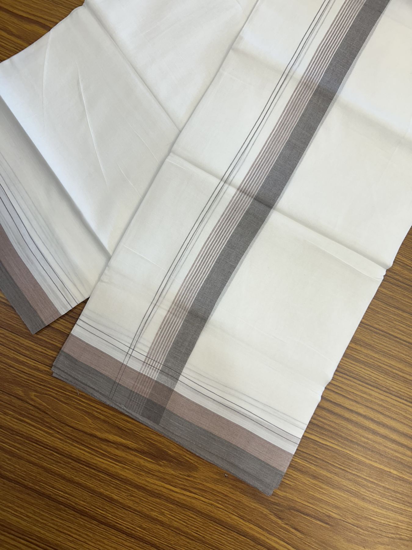 20% Discount! KaithariKada Balaramapuram 100% Cotton Double Pure white Mundu/Dhoti- 100X80 - 1.5 inch Brown & Dusty Rose kara - 4 mtr ( 8.5 muzham) - 7 KK5341 VIN