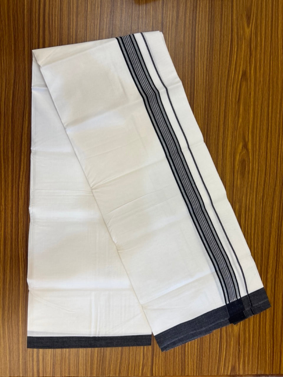 Single Pure white - Kaitharikada 100% Cotton 40s Thread Mundu / Dothi - 1 inch Black Stripes Kara (2 meters / 4 mulam) - 6 KK5306 THI