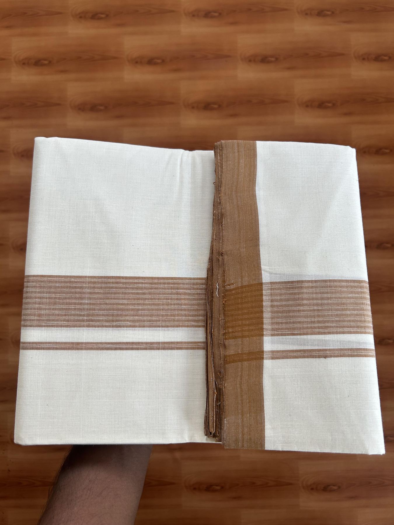 25% Discount! KaithariKada Handloom Millpaav - Kerala Handloom - Cotton Double Mundu/Dhoti Off white (Unbleached) - 80x90 - 1.5 inch Brown Shaded Stripes Kara 3.60 meter (8 Muzham) - 17 KK5383 RAM
