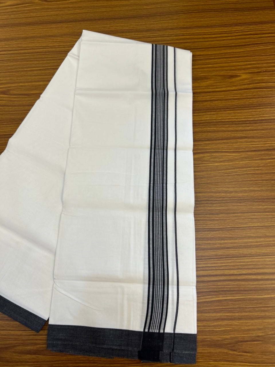 Single Pure white - Kaitharikada 100% Cotton 40s Thread Mundu / Dothi - 1 inch Black Stripes Kara (2 meters / 4 mulam) - 6 KK5306 THI