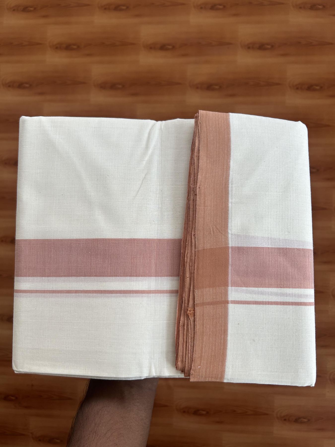25% Discount! KaithariKada Handloom Millpaav - Kerala Handloom - Cotton Double Mundu/Dhoti Off white (Unbleached) - 80x90 - 1.25 inch Bronze Brown Mulloth Kara 3.60 meter (8 Muzham) - 23 KK5383 RAM