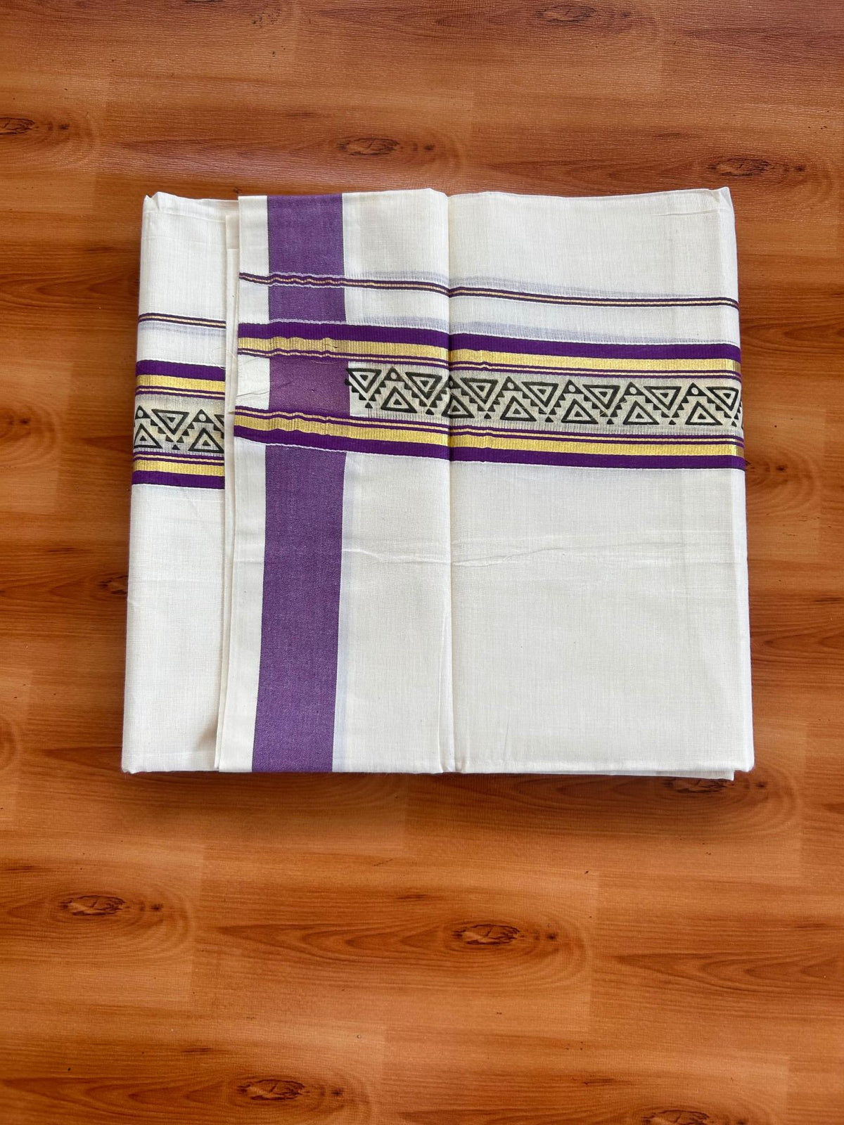 Off White (Unbleached) Double Mund/Dhoti - 20% Discount ! KaithariKada Mixed Cotton - 80x72 - 2.25 inch Purple & Gold Kasav Tissue Printed Design Kara 4 mtr (8.5 Muzham) - 32 KK5220 PMC