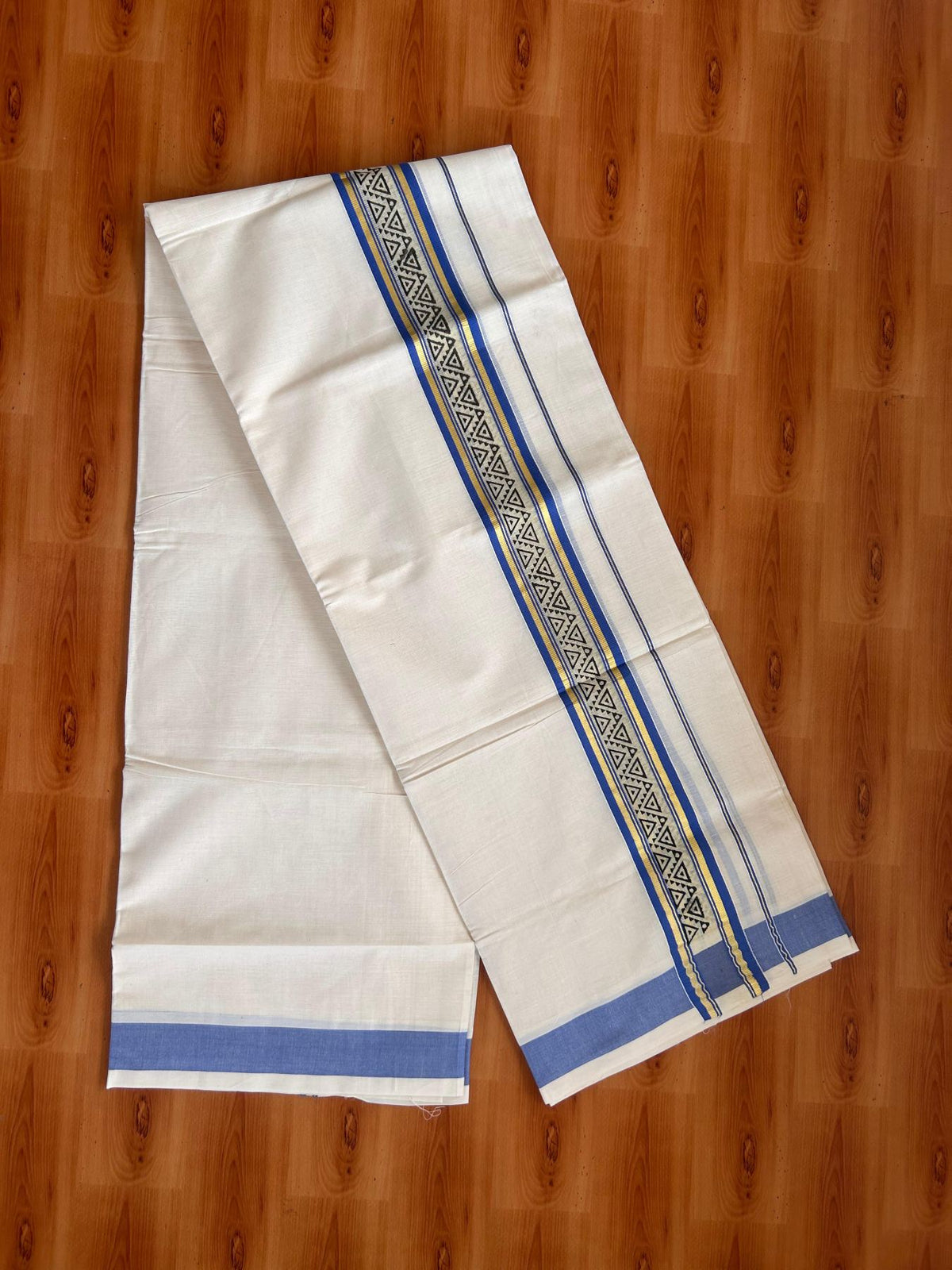 Off White (Unbleached) Double Mund/Dhoti - 20% Discount ! KaithariKada Mixed Cotton - 80x72 - 2.25 inch Blue & Gold Kasav Tissue Printed Design Kara 4 mtr (8.5 Muzham) - 31 KK5220 PMC