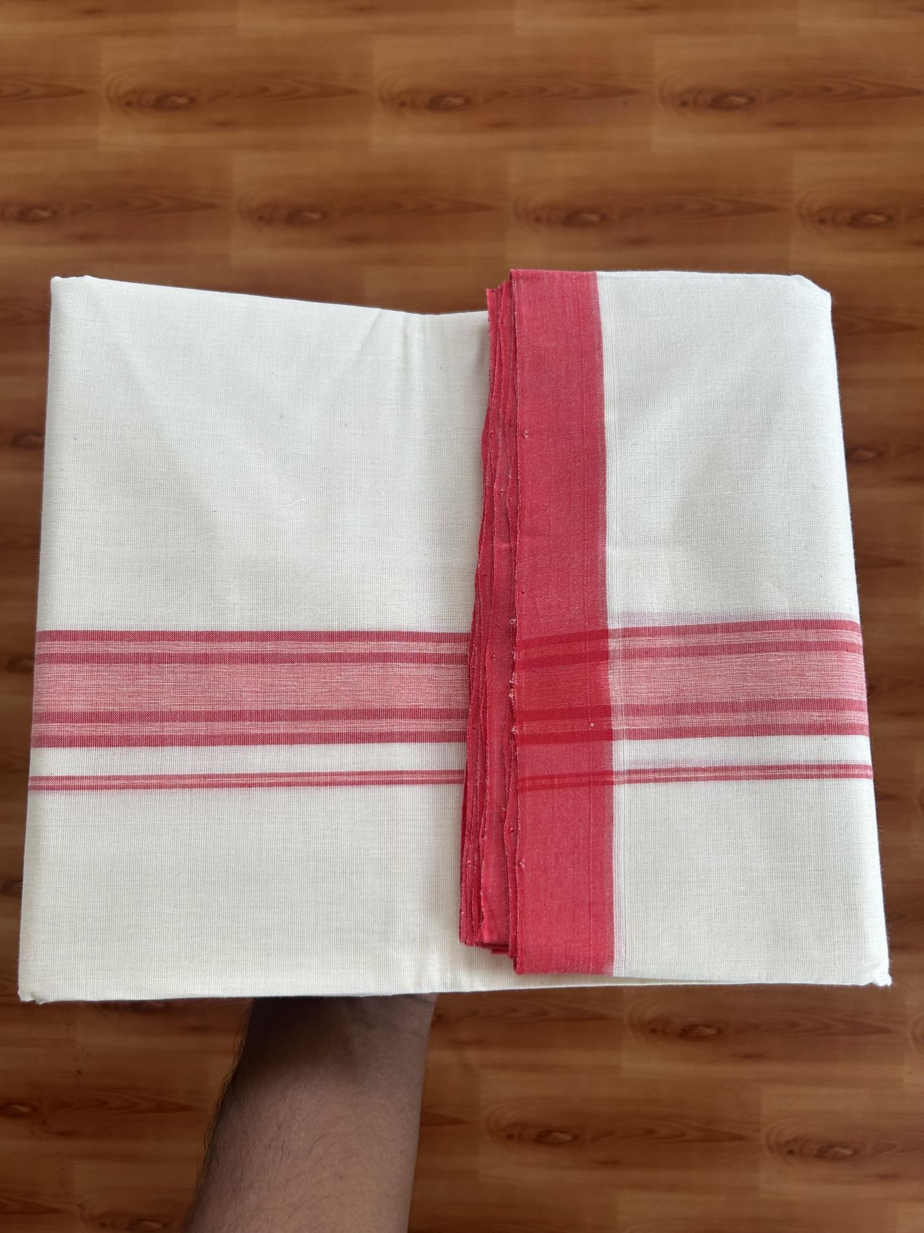 25% Discount! KaithariKada Handloom Millpaav - Kerala Handloom - Cotton Double Mundu/Dhoti Off white (Unbleached) - 80x90 - 1.25 inch Bright Red Shaded Stripes Kara 4.00 meter (8.5 Muzham) - 24 KK5383 RAM