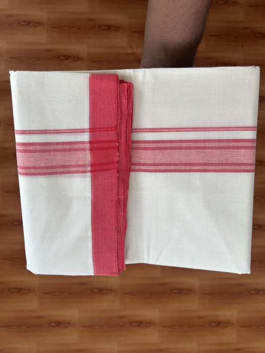 25% Discount! KaithariKada Handloom Millpaav - Kerala Handloom - Cotton Double Mundu/Dhoti Off white (Unbleached) - 80x90 - 1.25 inch Bright Red Shaded Stripes Kara 4.00 meter (8.5 Muzham) - 24 KK5383 RAM