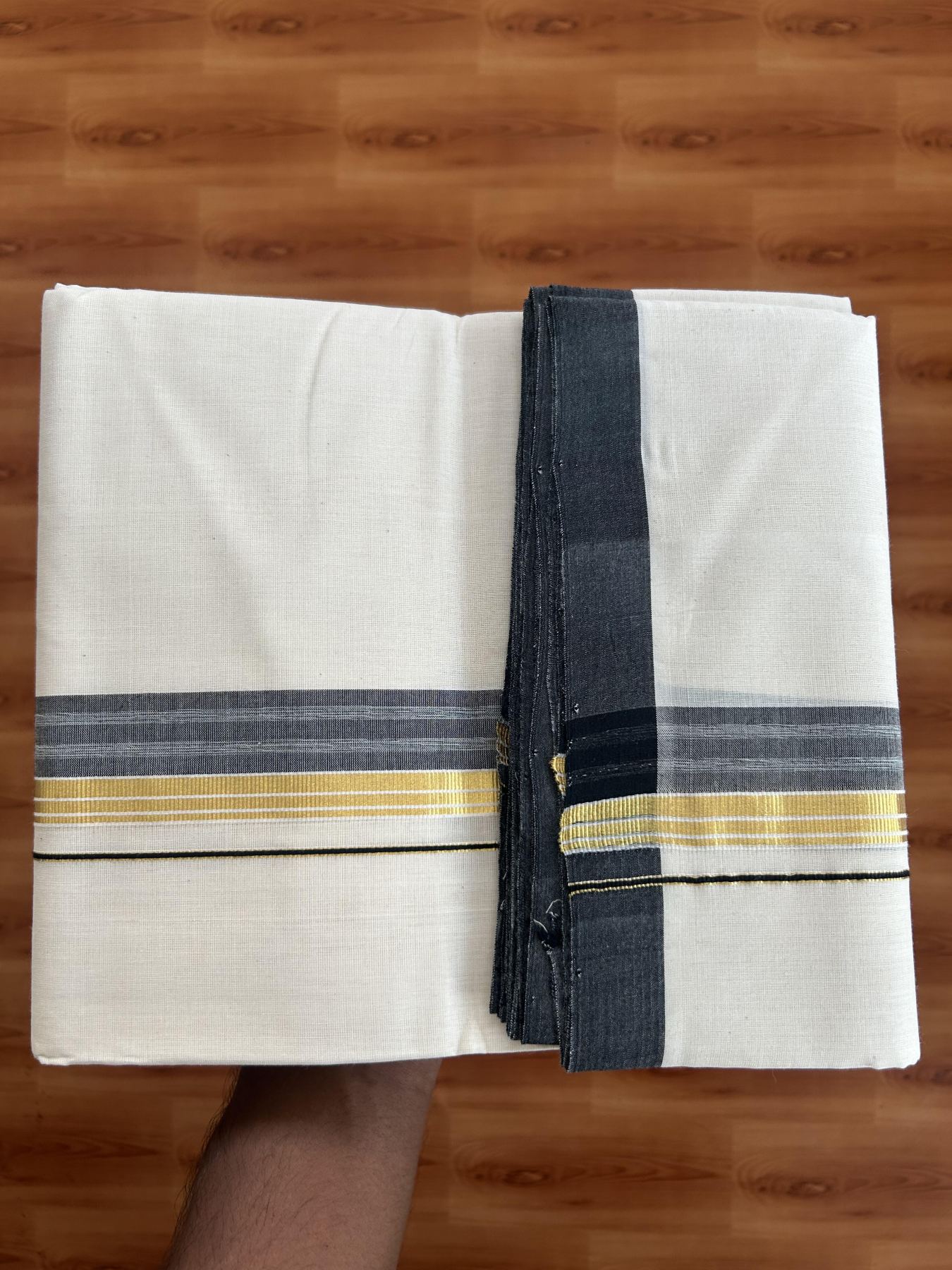 25% Discount! KaithariKada Handloom Millpaav - Kerala Handloom Cotton Double Mundu/Dhoti Off white (Unbleached) - 80x90 - 1.5 inch Gold Kasav & Black shaded Stripes Kara 3.60 meter (8 Muzham) - 4 KK5383 RAM