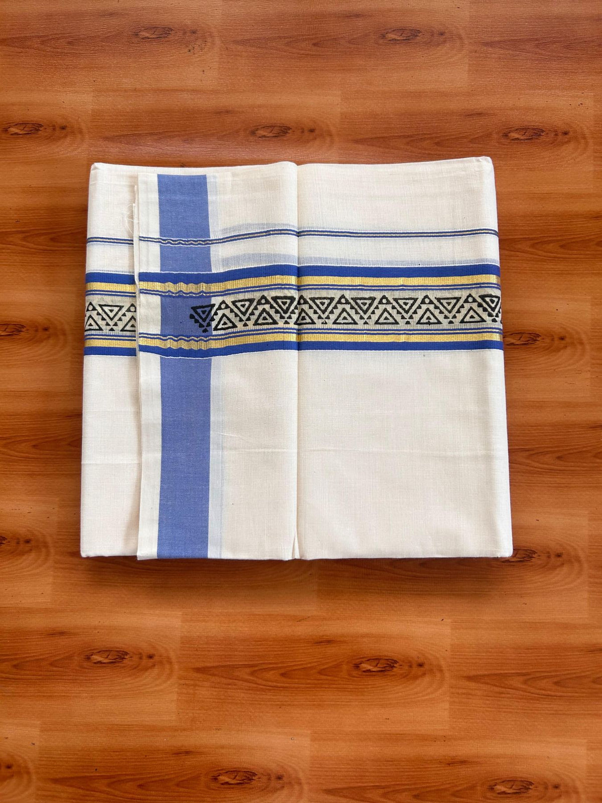Off White (Unbleached) Double Mund/Dhoti - 20% Discount ! KaithariKada Mixed Cotton - 80x72 - 2.25 inch Blue & Gold Kasav Tissue Printed Design Kara 4 mtr (8.5 Muzham) - 31 KK5220 PMC