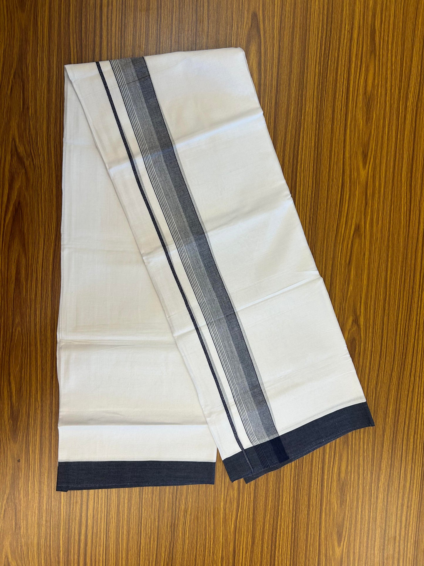 20% Discount ! KaithariKada Balaramapuram 100% Cotton Pure white Double Mundu/Dhoti - 100x80 - 1.75 inch Navy Blue & Black Shaded Kara 4 M (8.5 muzham) - 60 KK5363 VIN