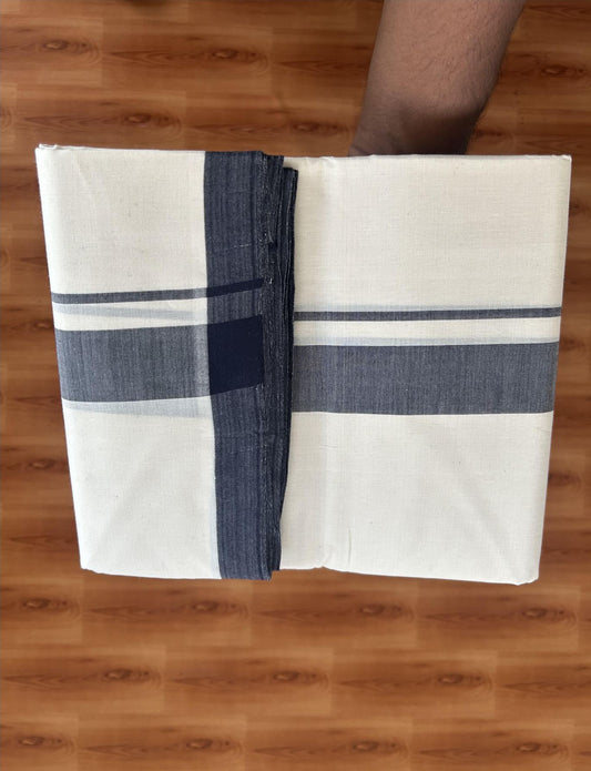 25% Discount! KaithariKada Handloom Millpaav - Kerala Handloom - Cotton Double Mundu/Dhoti Off white (Unbleached) - 80x90 - 1.25 inch Solid Navy Blue Mulloth Kara 3.60 meter (8 Muzham) - 19 KK5383 RAM