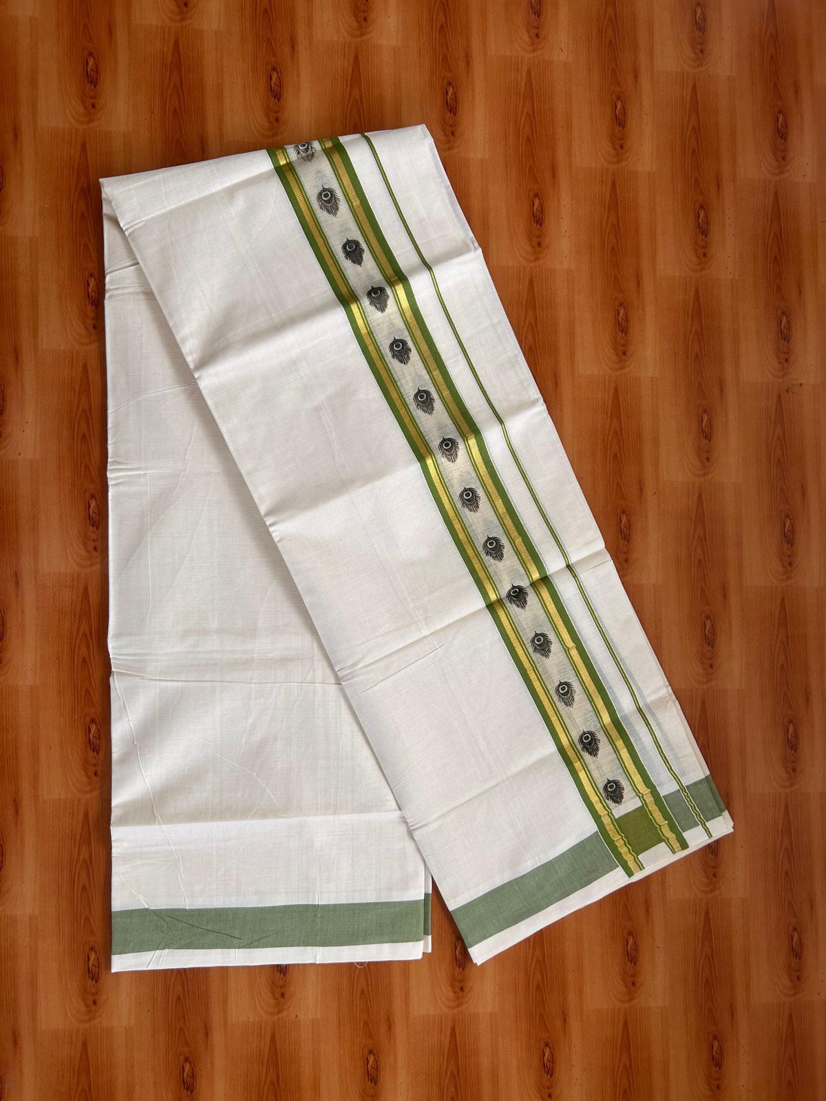 Off White (Unbleached) Double Mund/Dhoti - 20% Discount ! KaithariKada Mixed Cotton - 80x72 - 2.25 inch Parrot Green & Gold Kasav Tissue Peacock Feather Printed Design Kara 4 mtr (8.5 Muzham) - 36 KK5220 PMC