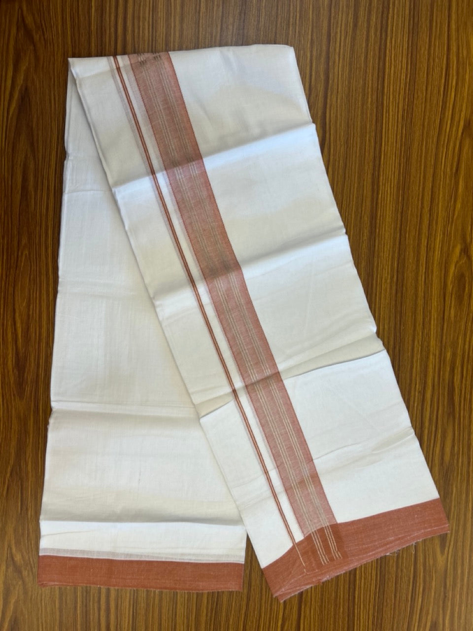 Linen Dhoti New! 20% Discount from Kaitharikada.com - Double Mundu/Dhoti 80x90 Thread Pure White - Pure Cotton + Linen - 1.75 Inch Brick Orange & Silver Kasav Striped Kara 4 mtr (8.5 muzham) - 1 KK5306 THI
