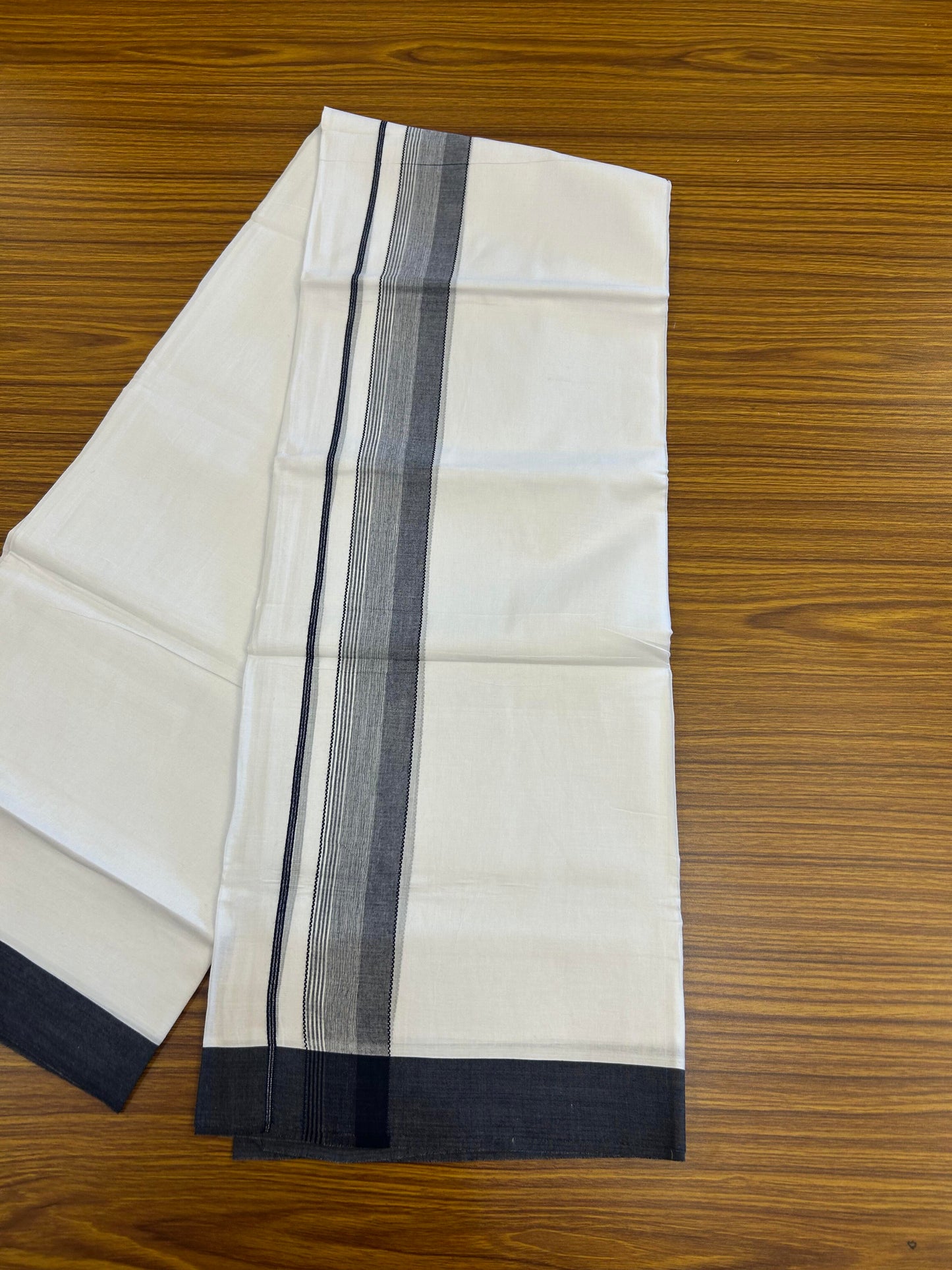 20% Discount ! KaithariKada Balaramapuram 100% Cotton Pure white Double Mundu/Dhoti - 100x80 - 1.75 inch Navy Blue & Black Shaded Kara 4 M (8.5 muzham) - 60 KK5363 VIN