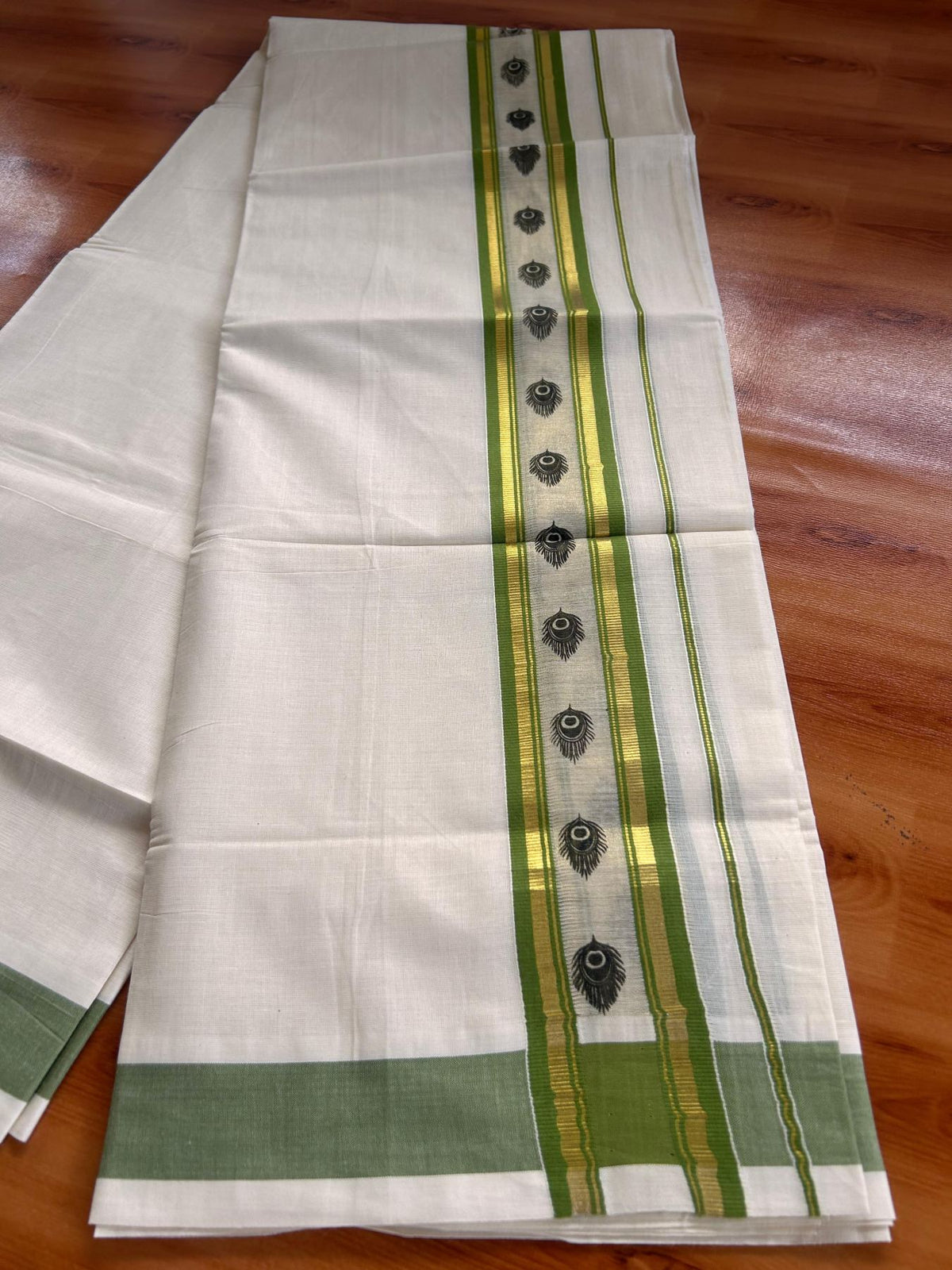 Off White (Unbleached) Double Mund/Dhoti - 20% Discount ! KaithariKada Mixed Cotton - 80x72 - 2.25 inch Parrot Green & Gold Kasav Tissue Peacock Feather Printed Design Kara 4 mtr (8.5 Muzham) - 36 KK5220 PMC
