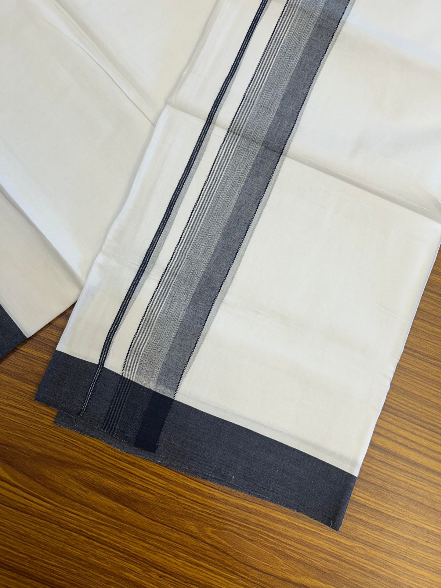 20% Discount ! KaithariKada Balaramapuram 100% Cotton Pure white Double Mundu/Dhoti - 100x80 - 1.75 inch Navy Blue & Black Shaded Kara 4 M (8.5 muzham) - 60 KK5363 VIN