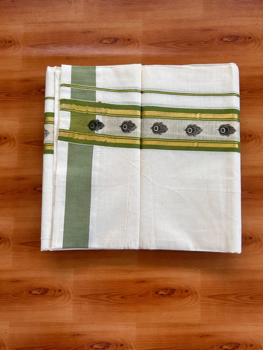 Off White (Unbleached) Double Mund/Dhoti - 20% Discount ! KaithariKada Mixed Cotton - 80x72 - 2.25 inch Parrot Green & Gold Kasav Tissue Peacock Feather Printed Design Kara 4 mtr (8.5 Muzham) - 36 KK5520 PMC