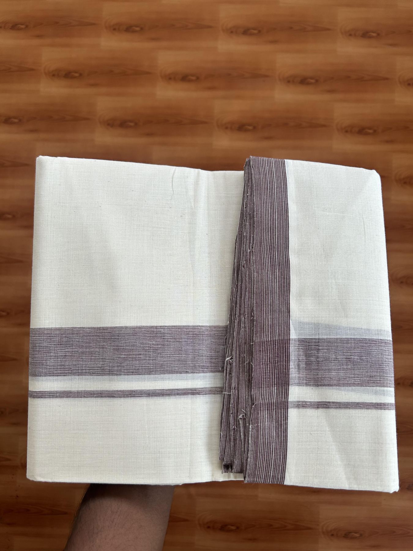 25% Discount! KaithariKada Handloom Millpaav - Kerala Handloom - Cotton Double Mundu/Dhoti Off white (Unbleached) - 80x90 - 1.25 inch Light Lavander & Black Shaded Stripes Kara 3.80 meter (8 Muzham) - 33 KK5383 RAM