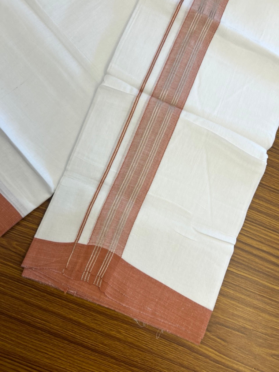 Linen Dhoti New! 20% Discount from Kaitharikada.com - Double Mundu/Dhoti 80x90 Thread Pure White - Pure Cotton + Linen - 1.75 Inch Brick Orange & Silver Kasav Striped Kara 4 mtr (8.5 muzham) - 1 KK5306 THI