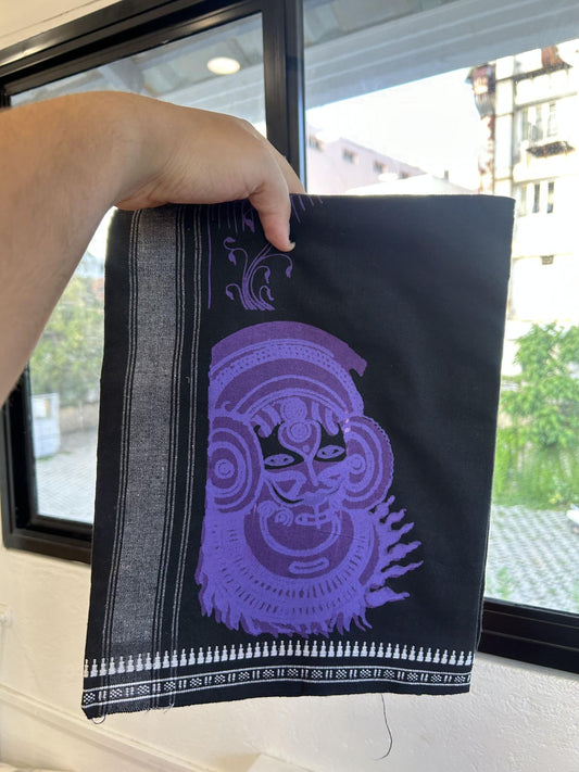 Kaitharikada - Single Kaily / Lungi - Mixed Cotton - 40s twisted - 1.75 inch Violet Theyyam Design printed kuppadam kara with Black colour body (2 meter / 4 muzham) - 2 KK8055 SAT