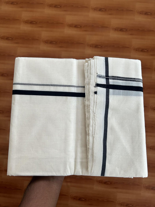 25% Discount!! KaithariKada Handloom Milpaav - Kerala Handloom- 100% Pure Cotton Off White Double - (Unbleached) Mundu/Dothi - 80x90 - 0.5 Inch Black Puliyilakkara chutty Kara 3.60 meter (8 muzham)- 14 KK5383 RAM