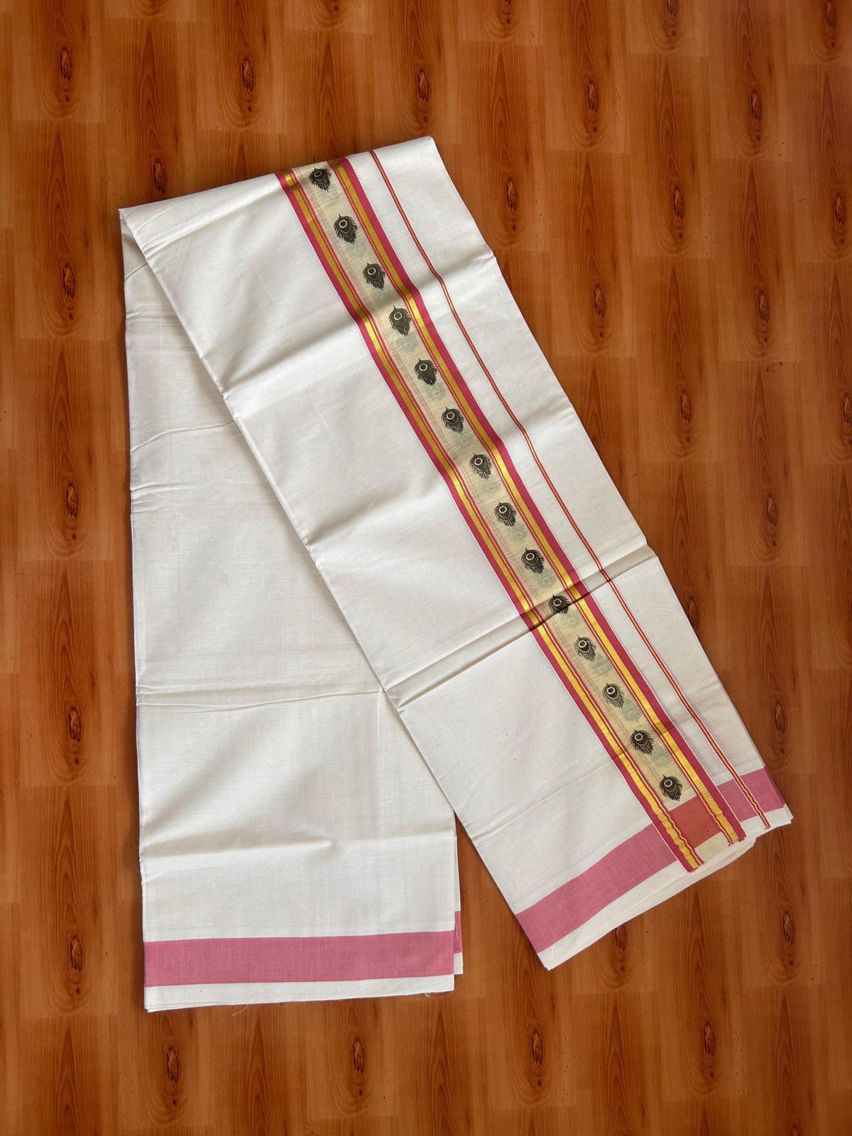 Off White (Unbleached) Double Mund/Dhoti - 20% Discount ! KaithariKada Mixed Cotton - 80x72 - 2.25 inch Pinkish Peach & Gold Kasav Tissue Peacock Feather Printed Design Kara 4 mtr (8.5 Muzham) - 35 KK5220 PMC