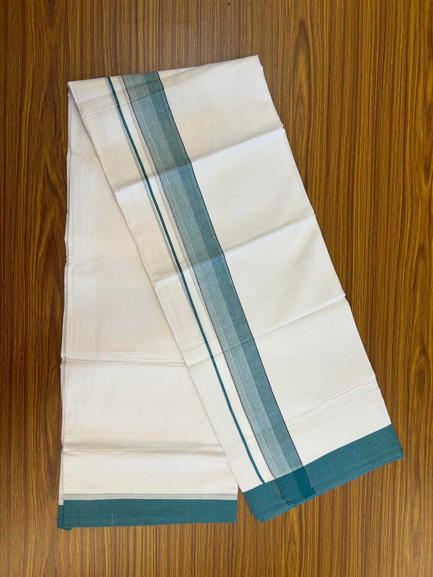 20% Discount ! KaithariKada Balaramapuram 100% Cotton Pure white Double Mundu/Dhoti - 100x80 - 1.75 inch Blue Green & Black Shaded Kara 4 M (8.5 muzham) - 62 KK5363 VIN