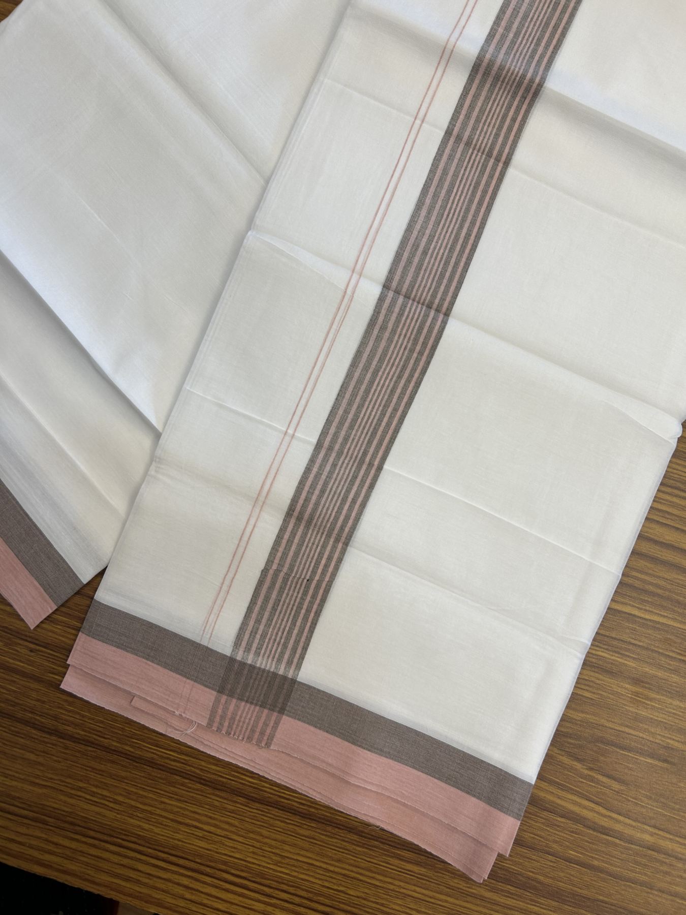 20% Discount! KaithariKada Balaramapuram 100% Cotton Double Pure white Mundu/Dhoti- 100X80 - 1.5 inch Peach & Brown Striped kara - 4 mtr ( 8.5 muzham) - 13 KK5341 VIN