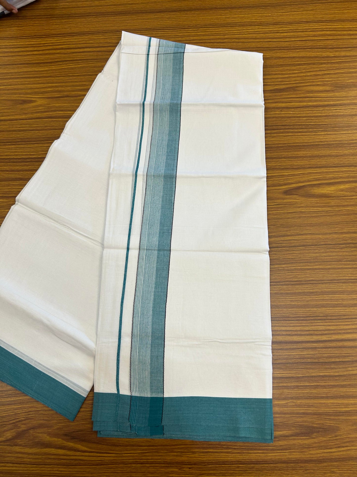 20% Discount ! KaithariKada Balaramapuram 100% Cotton Pure white Double Mundu/Dhoti - 100x80 - 1.75 inch Blue Green & Black Shaded Kara 4 M (8.5 muzham) - 62 KK5363 VIN