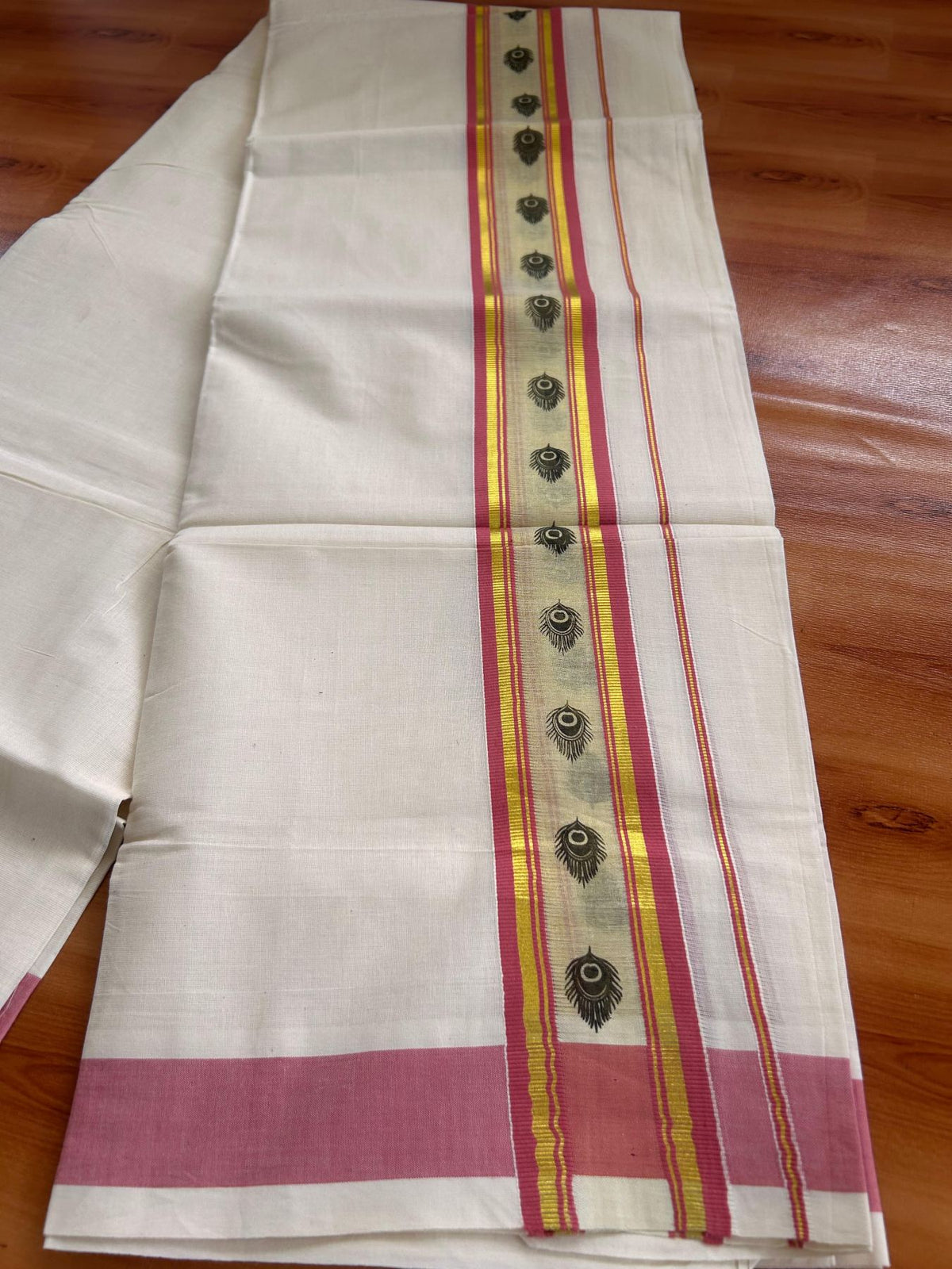 Off White (Unbleached) Double Mund/Dhoti - 20% Discount ! KaithariKada Mixed Cotton - 80x72 - 2.25 inch Pinkish Peach & Gold Kasav Tissue Peacock Feather Printed Design Kara 4 mtr (8.5 Muzham) - 35 KK5220 PMC