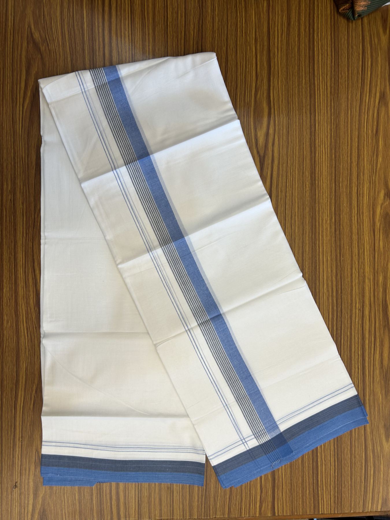 20% Discount! KaithariKada Balaramapuram 100% Cotton Double Pure white Mundu/Dhoti- 100X80 - 1.5 inch Blue & Dark Blue kara - 4 mtr ( 8.5 muzham) - 10 KK5341 VIN