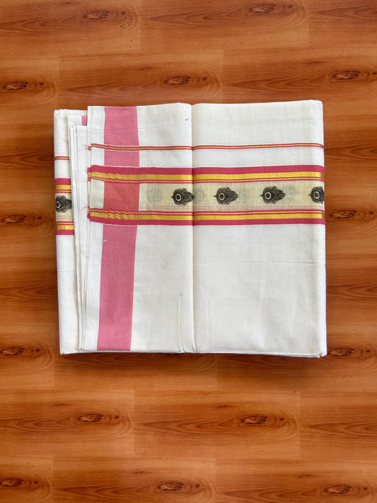 Off White (Unbleached) Double Mund/Dhoti - 20% Discount ! KaithariKada Mixed Cotton - 80x72 - 2.25 inch Pinkish Peach & Gold Kasav Tissue Peacock Feather Printed Design Kara 4 mtr (8.5 Muzham) - 35 KK5520 PMC