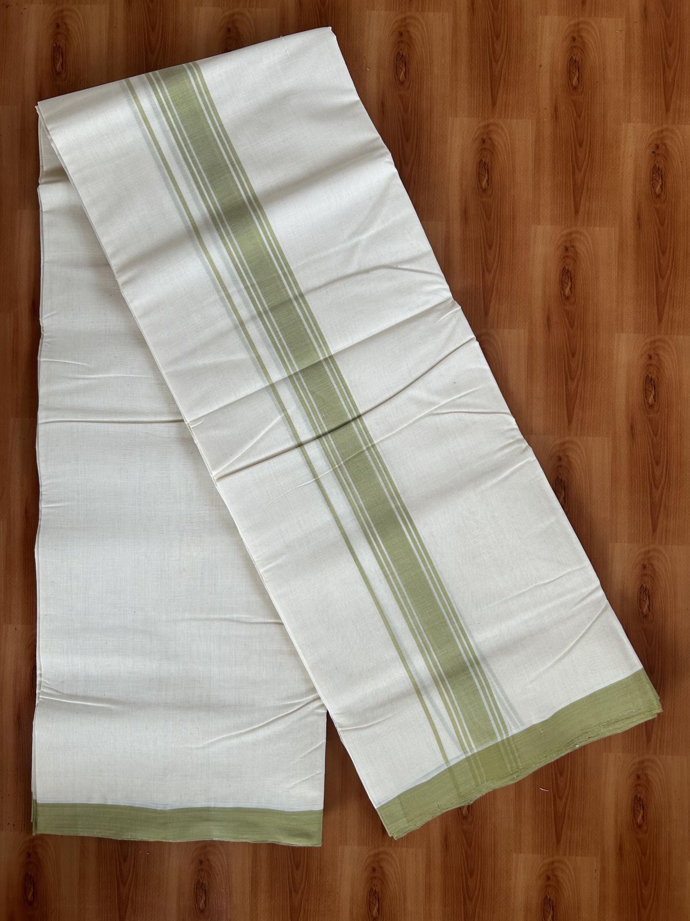 25% Discount! KaithariKada Handloom Millpaav - Kerala Handloom - Cotton Double Mundu/Dhoti Off white (Unbleached) - 80x90 - 1.75 inch Pista Green Shaded Stripes Kara 3.80 meter (8 Muzham) - 36 KK5383 RAM