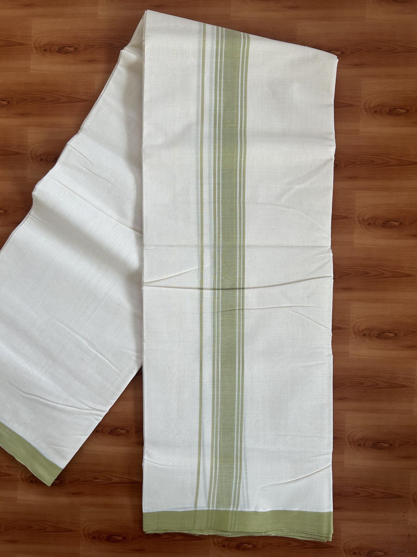 25% Discount! KaithariKada Handloom Millpaav - Kerala Handloom - Cotton Double Mundu/Dhoti Off white (Unbleached) - 80x90 - 1.75 inch Pista Green Shaded Stripes Kara 3.80 meter (8 Muzham) - 36 KK5383 RAM