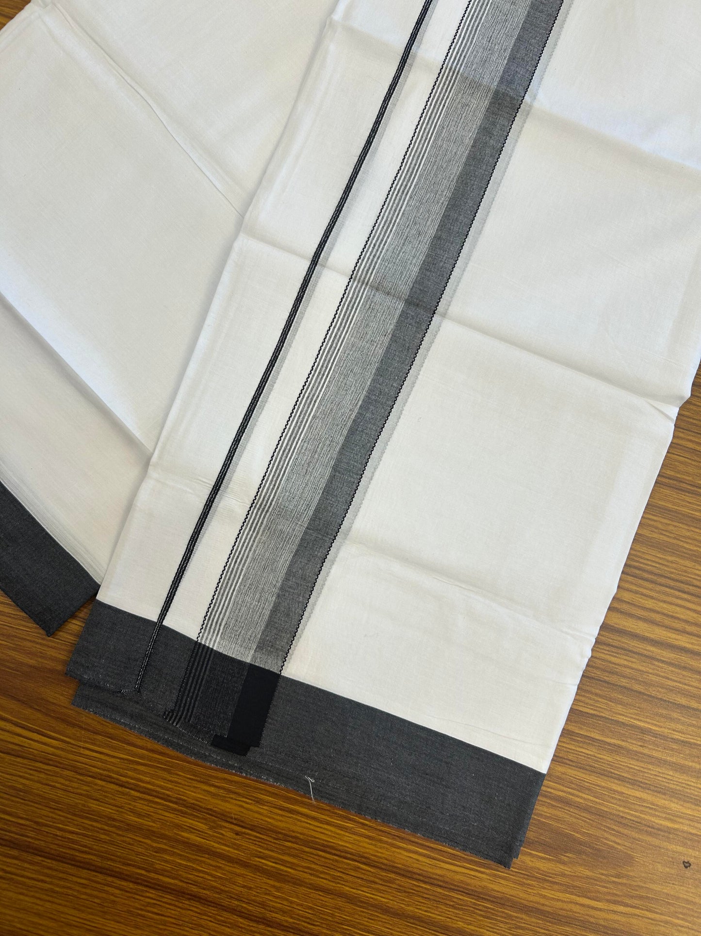 20% Discount ! KaithariKada Balaramapuram 100% Cotton Pure white Double Mundu/Dhoti - 100x80 - 1.75 inch Black Shaded Kara 4 M (8.5 muzham) - 61 KK5363 VIN