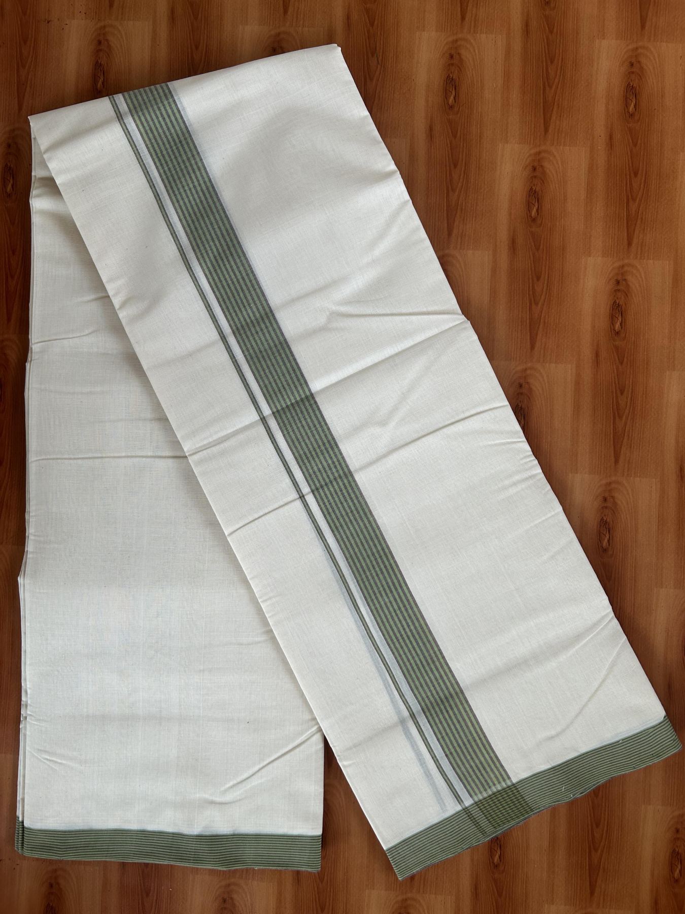 25% Discount! KaithariKada Handloom Millpaav - Kerala Handloom - Cotton Double Mundu/Dhoti Off white (Unbleached) - 80x90 - 1.5 inch Green & Brown Shaded Stripes Kara - 25 KK5383 RAM