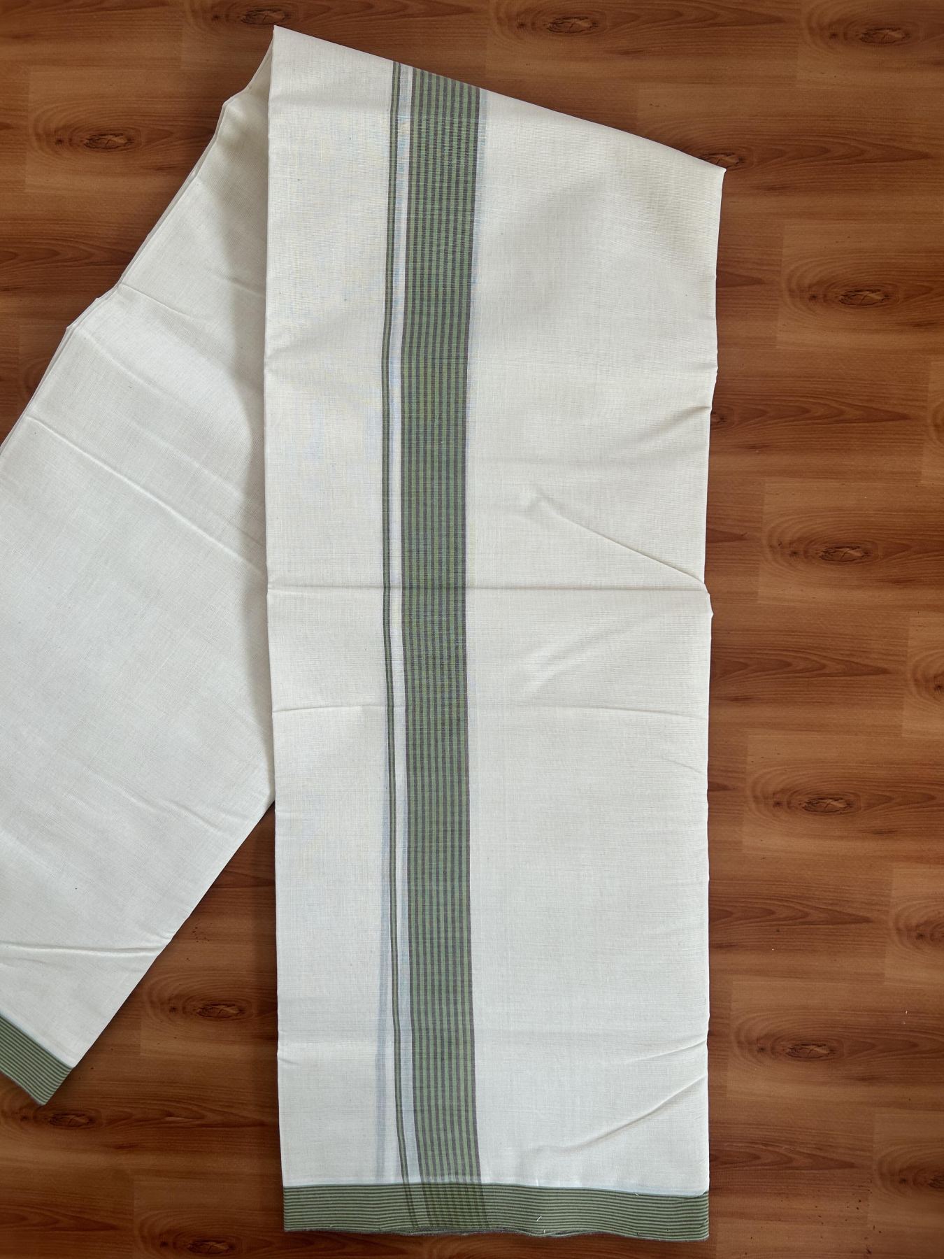 25% Discount! KaithariKada Handloom Millpaav - Kerala Handloom - Cotton Double Mundu/Dhoti Off white (Unbleached) - 80x90 - 1.5 inch Green & Brown Shaded Stripes Kara - 25 KK5383 RAM