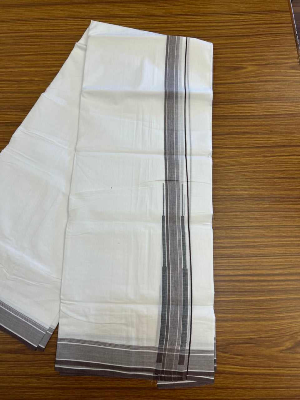 20% DISCOUNT!! Kaitharikada Balaramapuram 100% Cotton Pure White Double Mundu/Dothi-80X90 - 1.75 Inch Brown & Black Striped Chutty Kara 3.70m (8 Muzham) - 3 KK5306 THI
