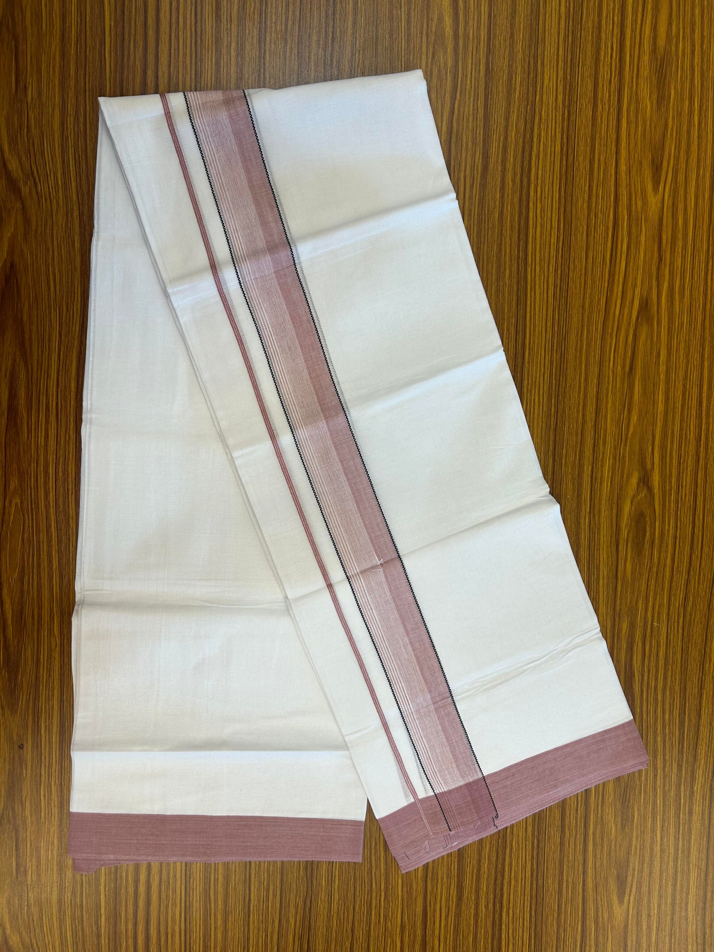 20% Discount ! KaithariKada Balaramapuram 100% Cotton Pure white Double Mundu/Dhoti - 100x80 - 1.75 inch Dusty Rose & Black Shaded Kara 4 M (8.5 muzham) - 59 KK5363 VIN