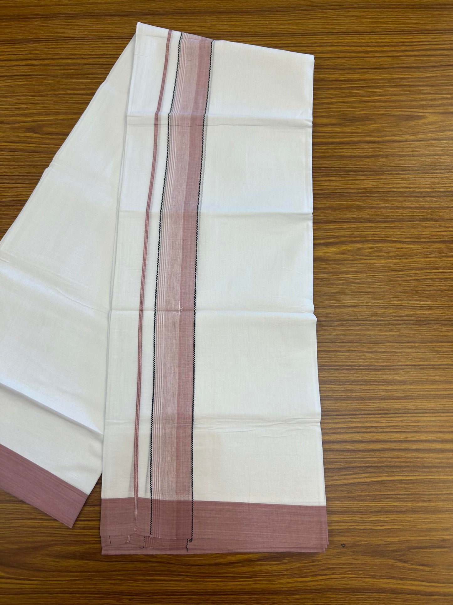 20% Discount ! KaithariKada Balaramapuram 100% Cotton Pure white Double Mundu/Dhoti - 100x80 - 1.75 inch Dusty Rose & Black Shaded Kara 4 M (8.5 muzham) - 59 KK5363 VIN