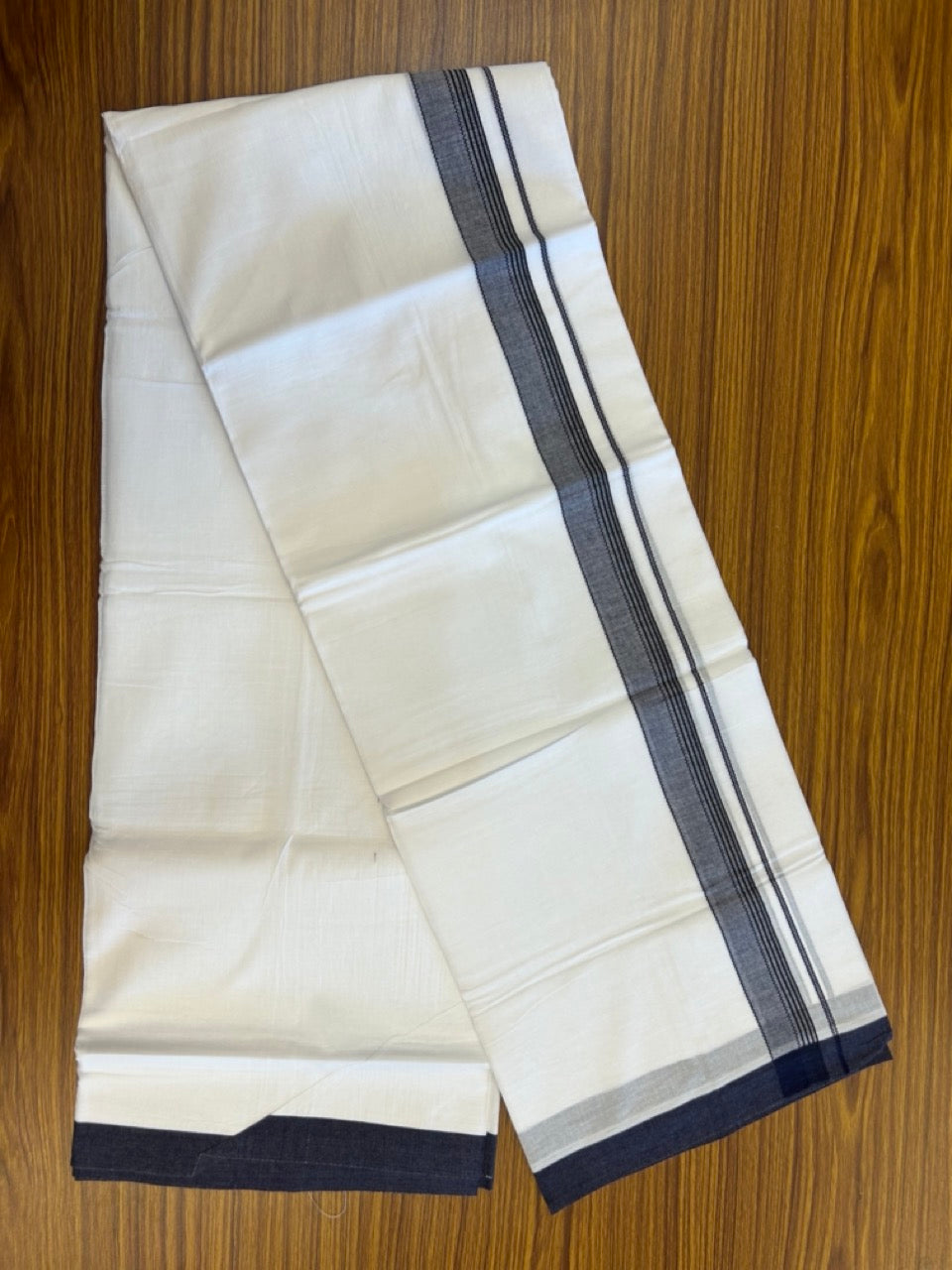 14% Discount ! Kaitharikada Balaramapuram 100% Cotton Pure White Double Mundu/Dothi - 72x72 - 1.25 inch Navy Blue & Black Striped Kara 3.65 mtr (8 muzham) - 13 KK5306 SKM