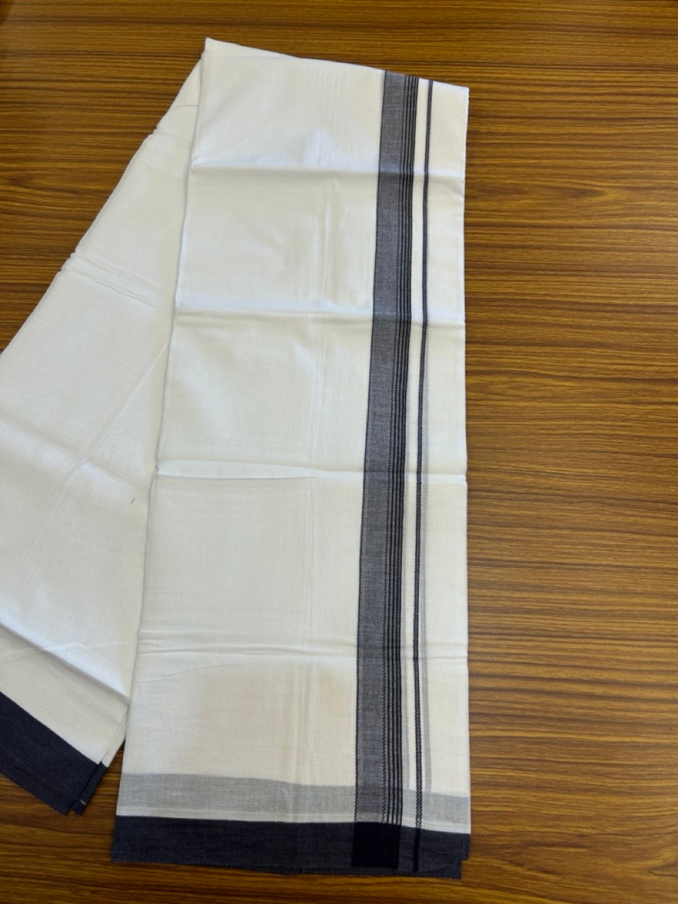 14% Discount ! Kaitharikada Balaramapuram 100% Cotton Pure White Double Mundu/Dothi - 72x72 - 1.25 inch Navy Blue & Black Striped Kara 3.65 mtr (8 muzham) - 13 KK5306 SKM