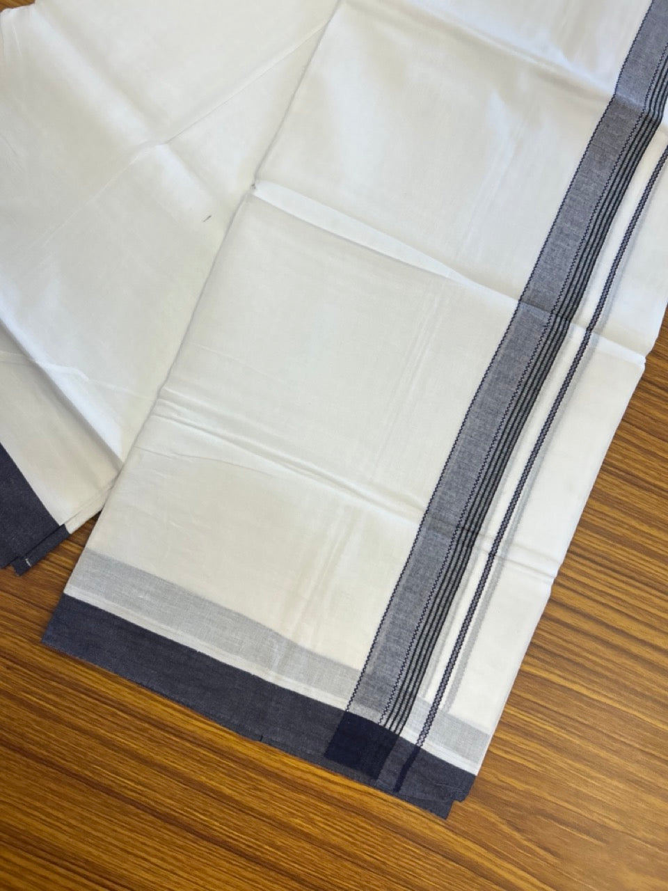 14% Discount ! Kaitharikada Balaramapuram 100% Cotton Pure White Double Mundu/Dothi - 72x72 - 1.25 inch Navy Blue & Black Striped Kara 3.65 mtr (8 muzham) - 13 KK5306 SKM