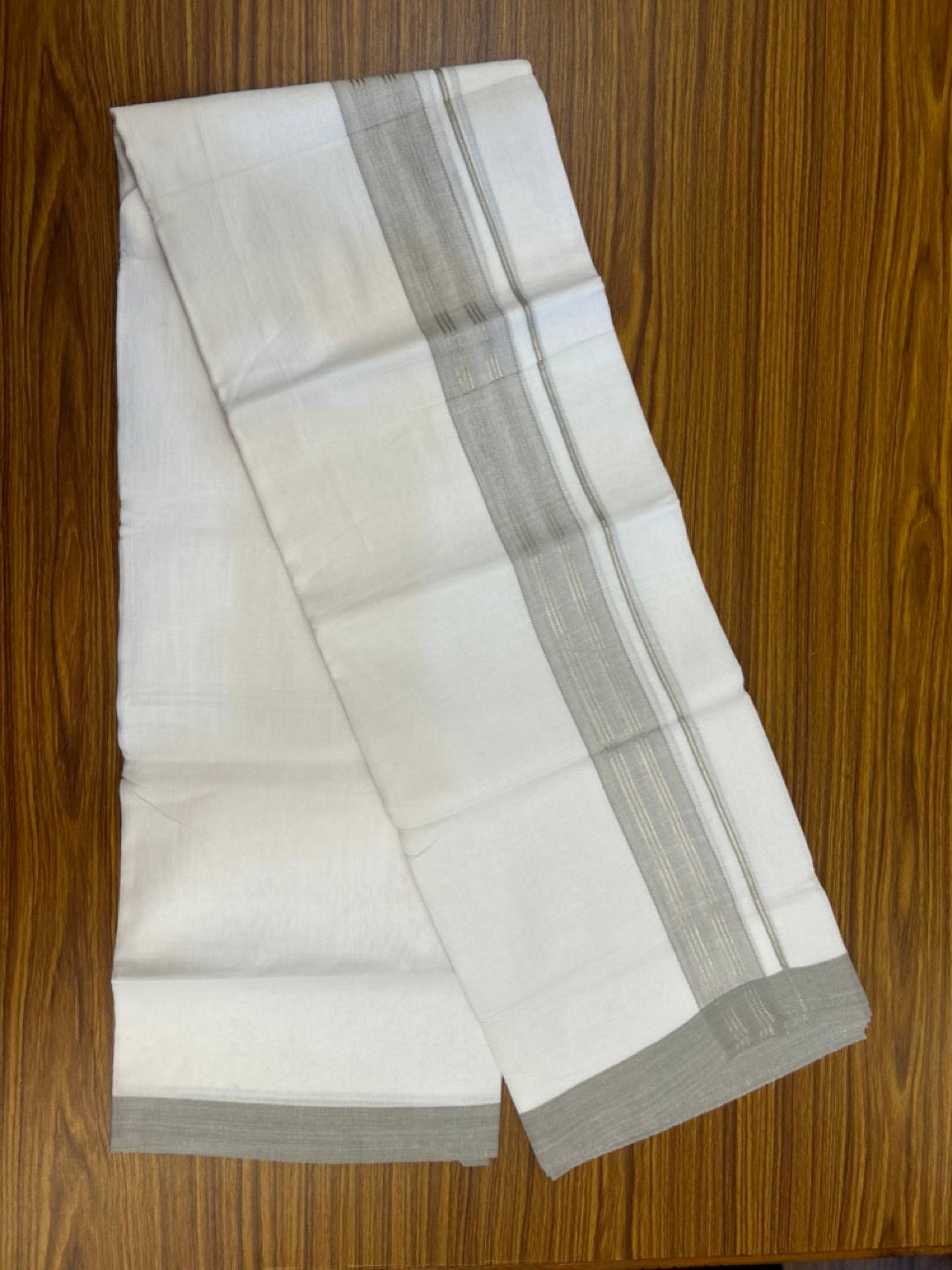 Linen Dhoti New! 20% Discount from Kaitharikada.com - Double Mundu/Dhoti 80x90 Thread Pure White - Pure Cotton + Linen - 1.75 Inch Light Grey & Silver Kasav Striped Kara 4 mtr (8.5 muzham) - 2 KK5306 THI