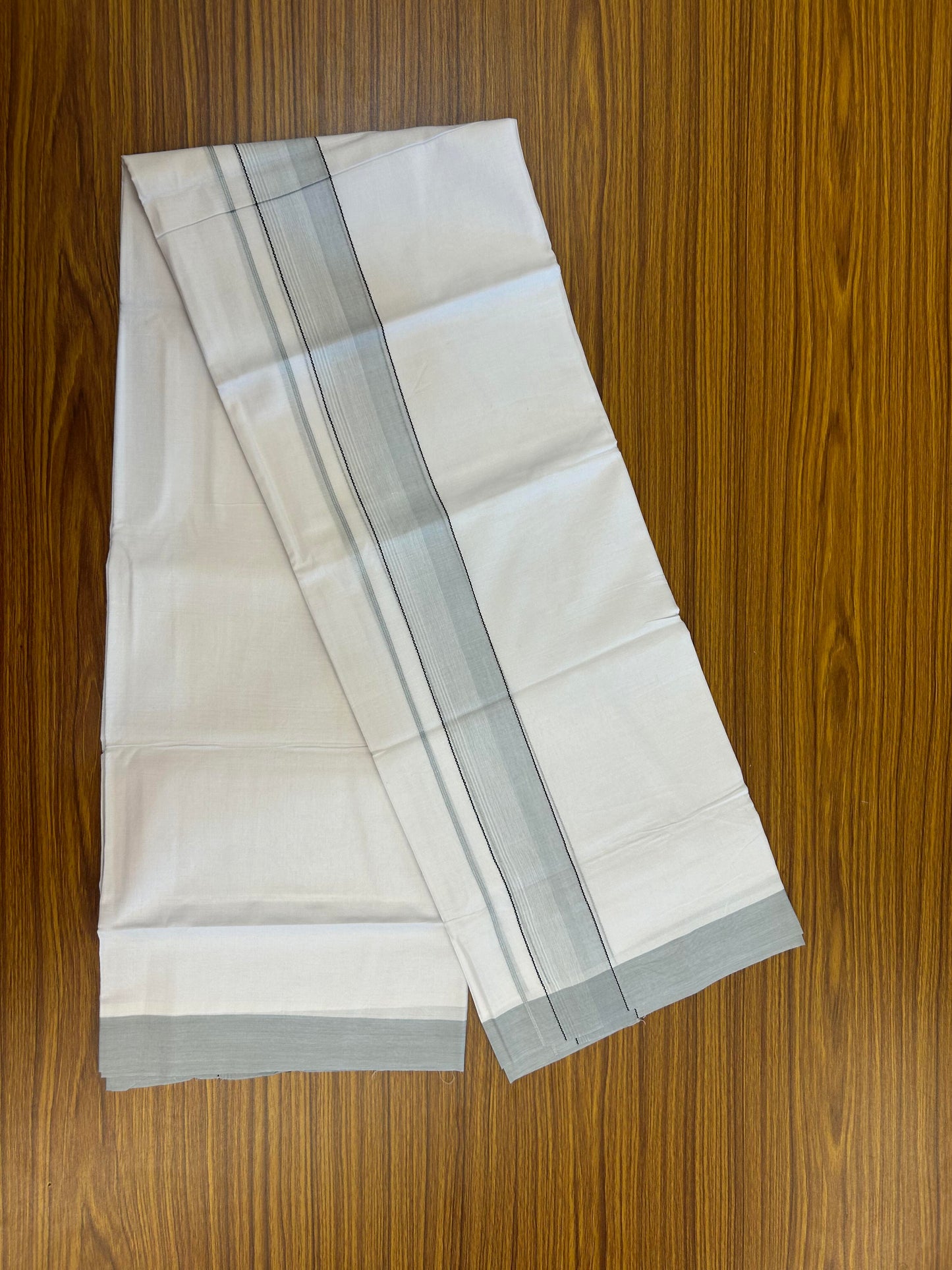 20% Discount ! KaithariKada Balaramapuram 100% Cotton Pure white Double Mundu/Dhoti - 100x80 - 1.75 inch Light Grey & Black Shaded Kara 4 M (8.5 muzham) - 57 KK5363 VIN