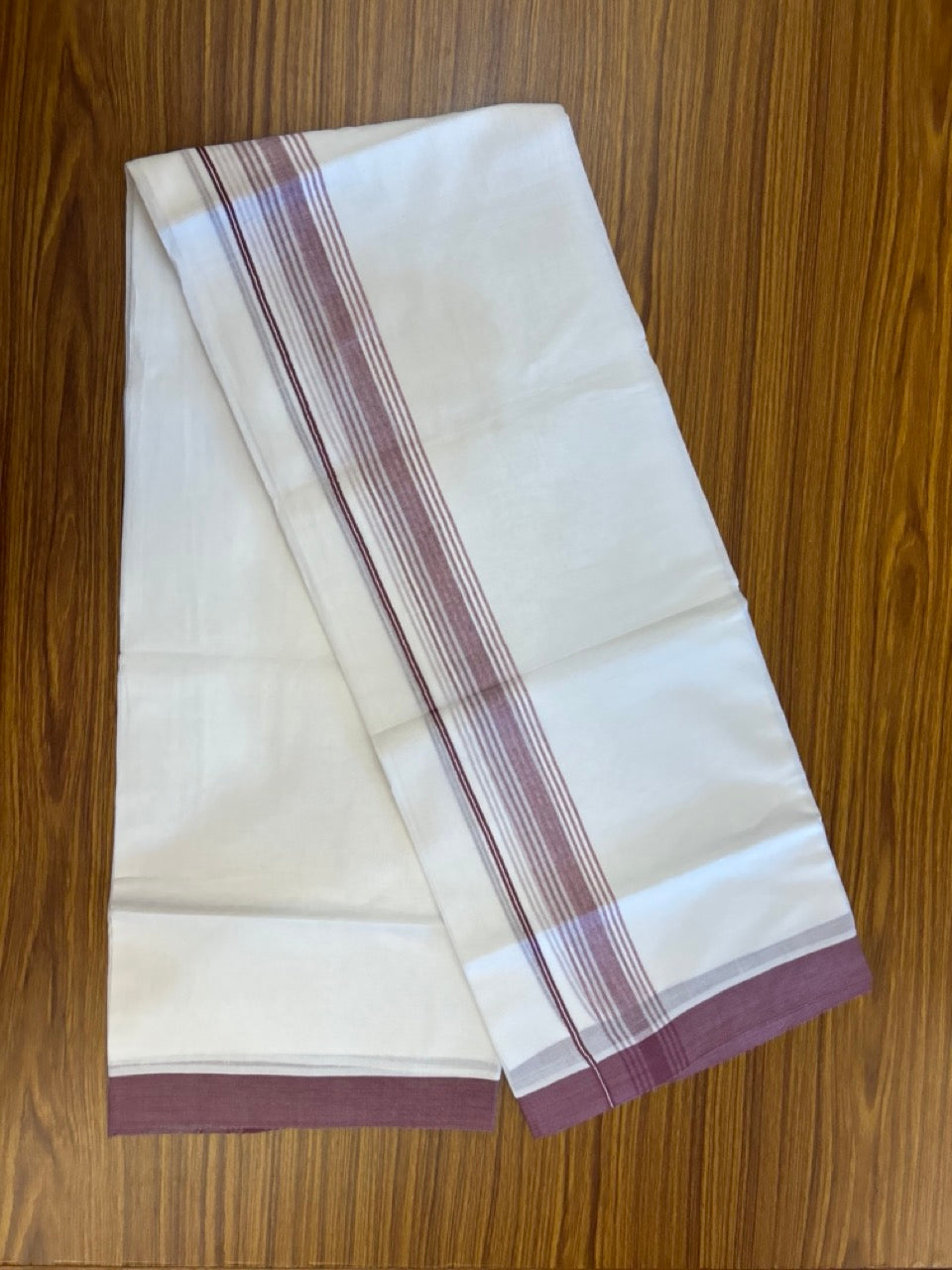 22% Discount ! Kaitharikada Balaramapuram 100% Cotton Pure White Double Mundu/Dothi - 60s - 1.5 inch Purple Wine Shaded Striped Kara 3.80 mtr (8 muzham) - 10 KK5306 THI