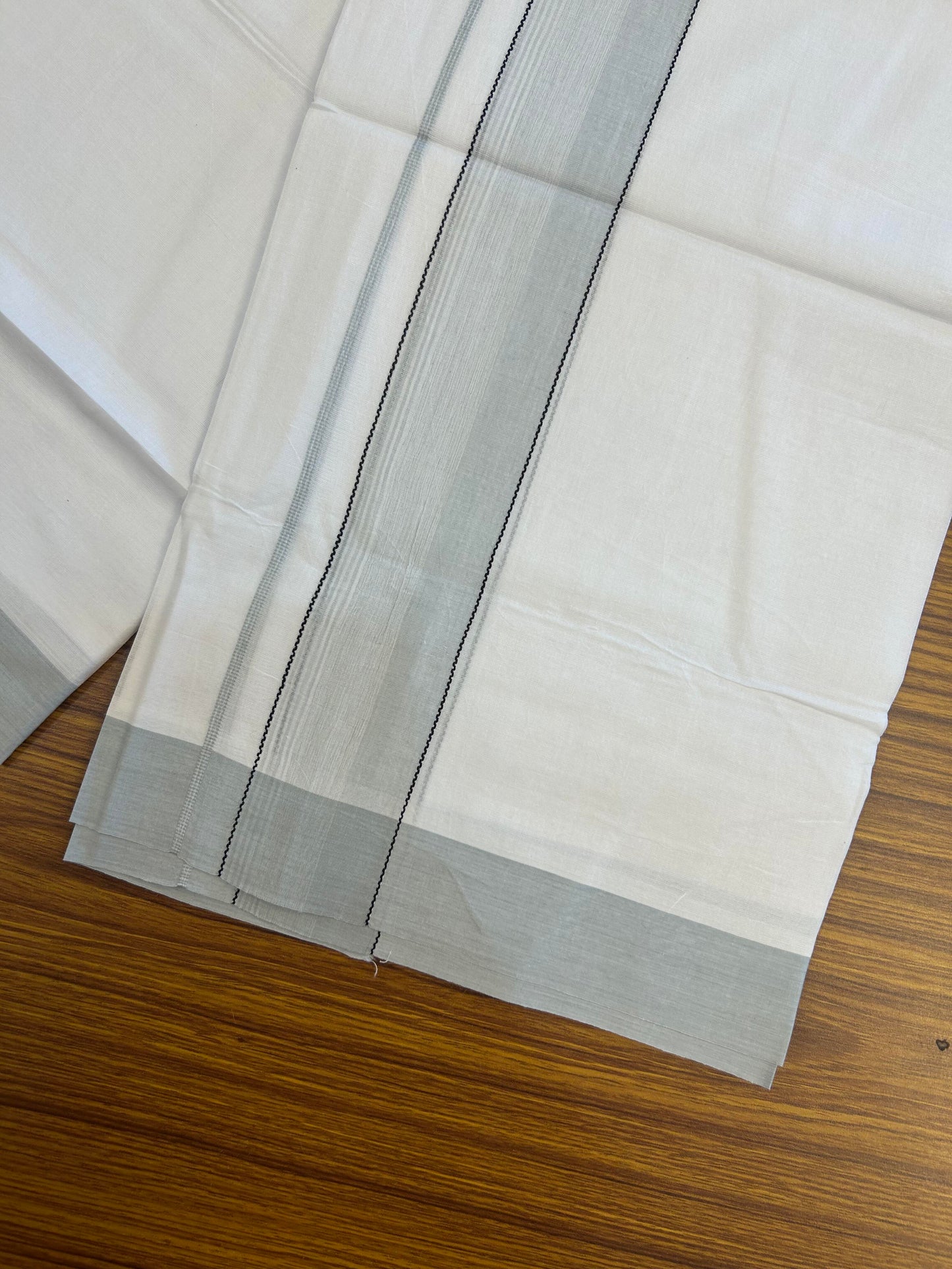 20% Discount ! KaithariKada Balaramapuram 100% Cotton Pure white Double Mundu/Dhoti - 100x80 - 1.75 inch Light Grey & Black Shaded Kara 4 M (8.5 muzham) - 57 KK5363 VIN