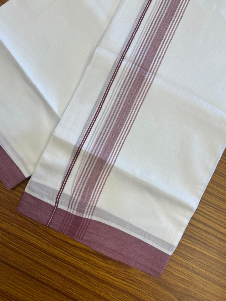 22% Discount ! Kaitharikada Balaramapuram 100% Cotton Pure White Double Mundu/Dothi - 60s - 1.5 inch Purple Wine Shaded Striped Kara 3.80 mtr (8 muzham) - 10 KK5306 THI