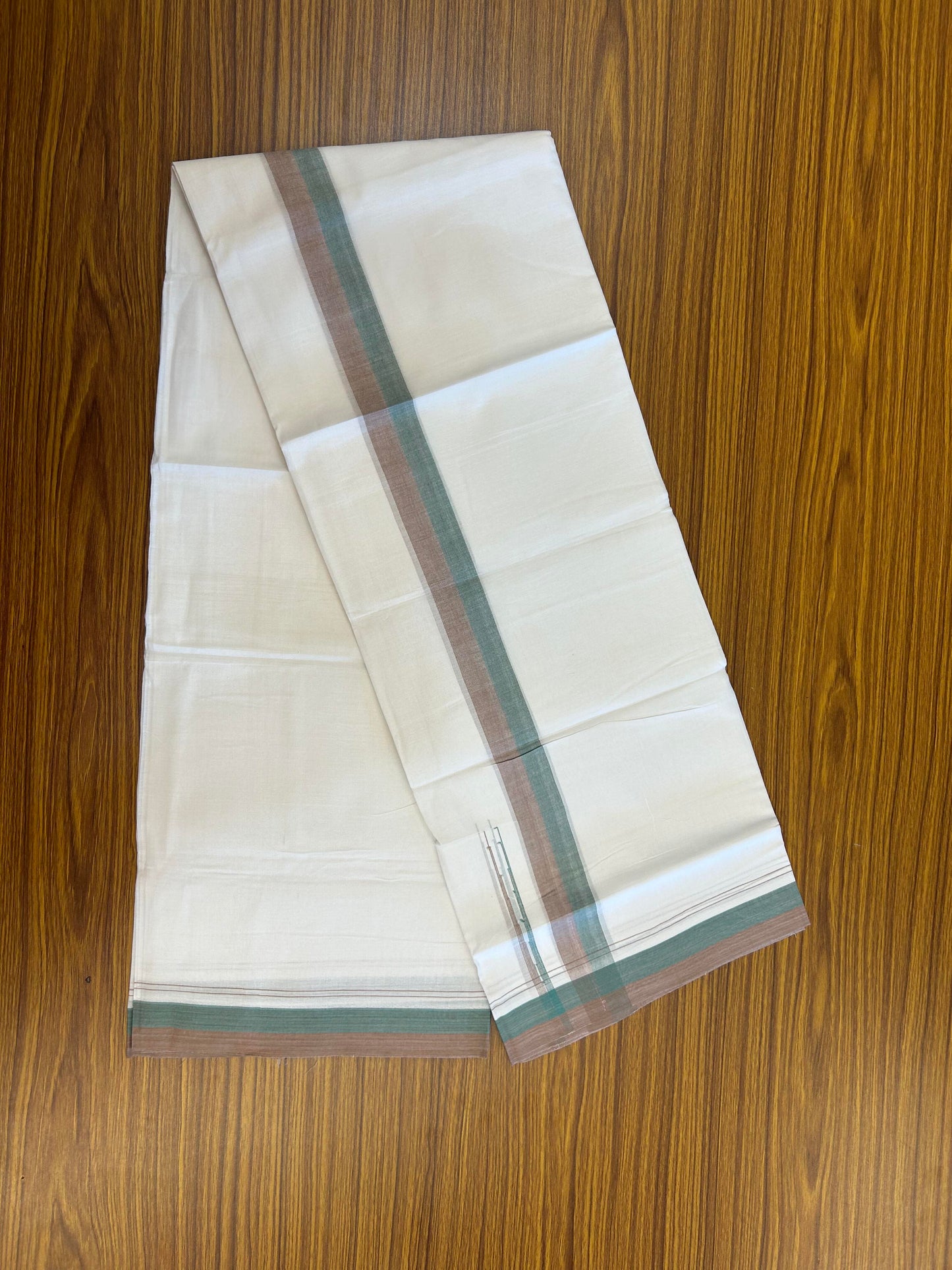 20% Discount ! KaithariKada Balaramapuram 100% Cotton Pure white Double Mundu/Dhoti - 100x80 - 1.75 inch Light Green & Saddle Brown chutty 4 M (8.5 muzham) - 55 KK5363 VIN