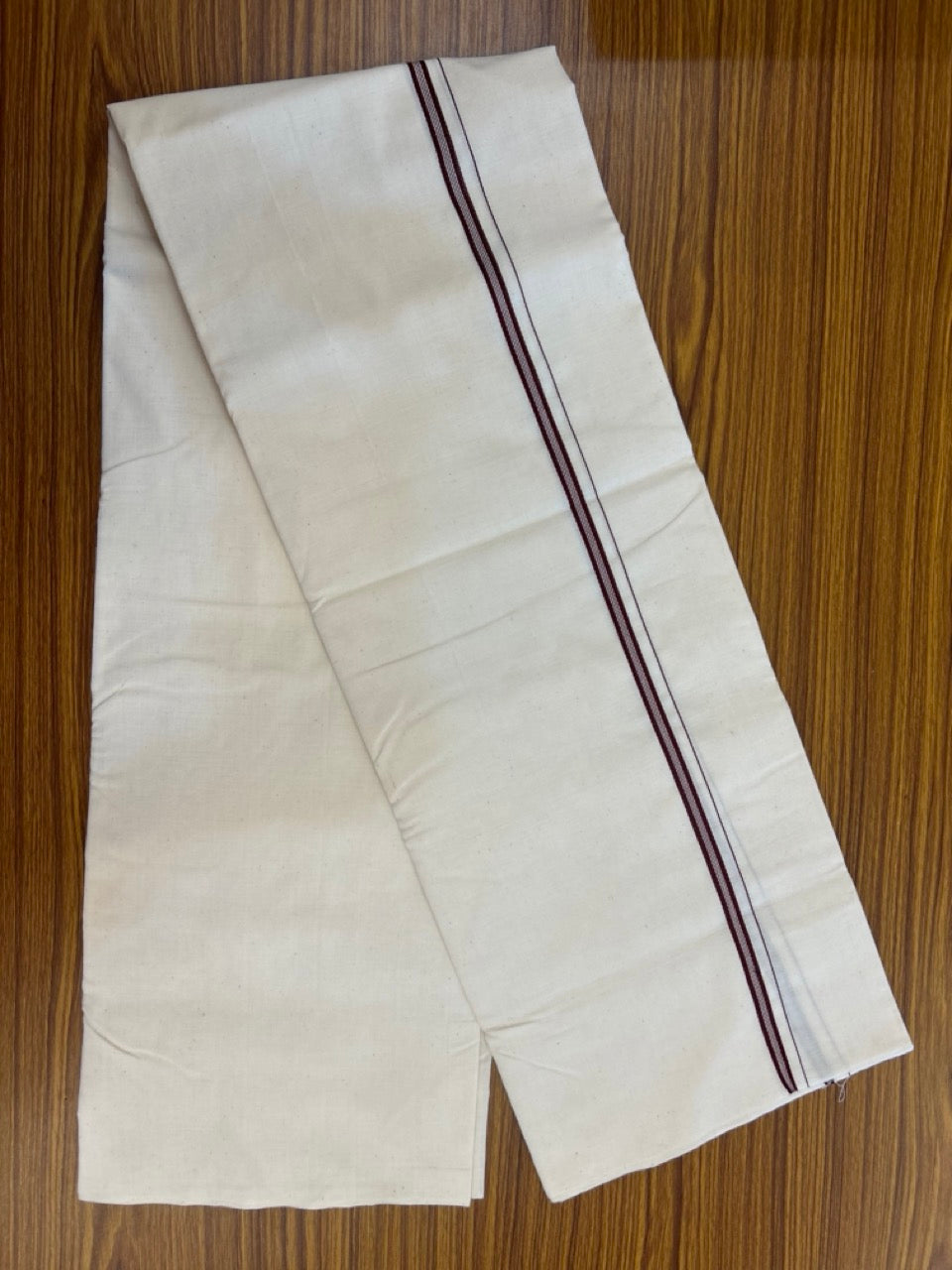 25% Discount!! Signature Kaitharikada Exclusive Single Dhoti - 100% Cotton Balaramapuram Handloom Single Mundu/Dhoti - Off White (Unbleached)- 1 cm Brown Striped Kara (2 meter / 4 muzham) - 7 KK5304KAI