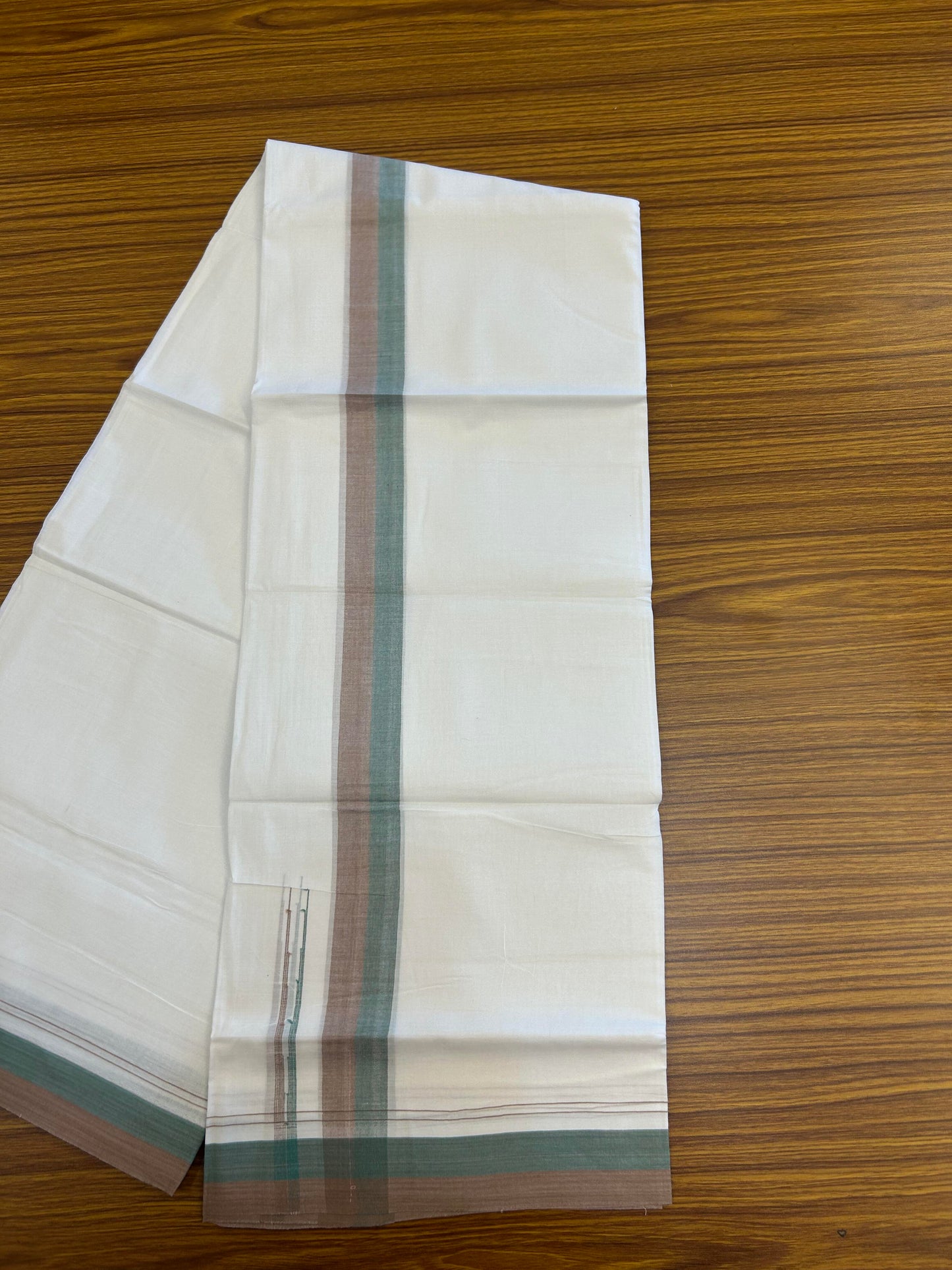 20% Discount ! KaithariKada Balaramapuram 100% Cotton Pure white Double Mundu/Dhoti - 100x80 - 1.75 inch Light Green & Saddle Brown chutty 4 M (8.5 muzham) - 55 KK5363 VIN